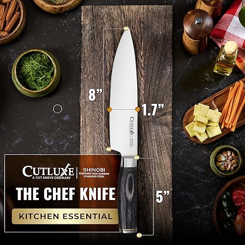 Miniatura 6 de Cutluxe Cuchillo de chef  Cuchillo de cocina japonés ultra afilado de 8 pulgadas, hoja de acero inoxidable de alto carbono, mango de madera de Pakka