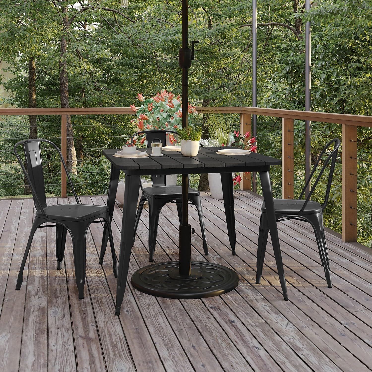 Flash Furniture Declan Commercial Outdoor Dining Table with Umbrella Hole, All Weather Poly Resin Top and Steel Base, 36" Square, Black/Black