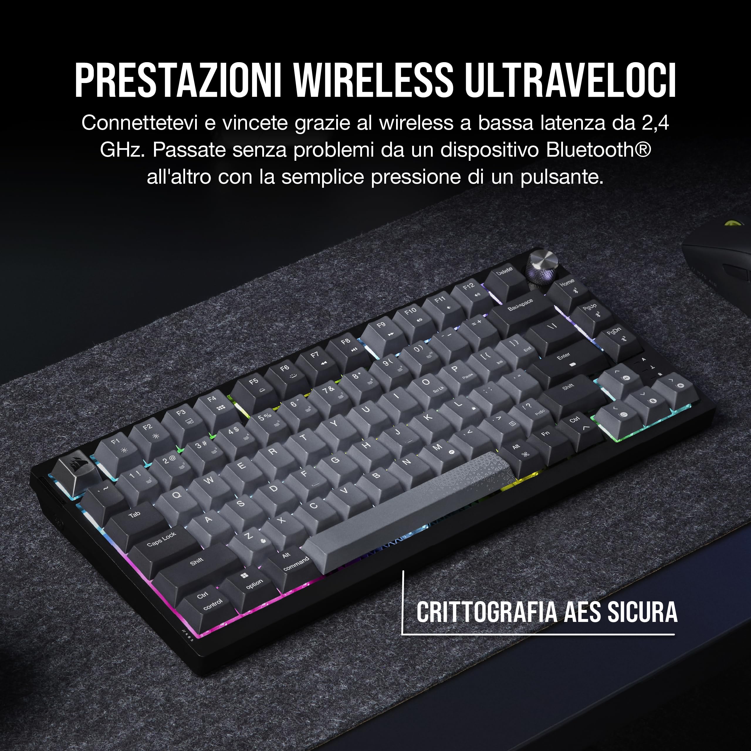 Corsair K65 PLUS WIRELESS 75% RGB Tastiera Meccanica da Gioco — Nero/Grigio | QWERTY IT, Interruttori Lineari MLX Red Pre-lubrificati, Tasti PBT Dye-Sub, Compatibile con iCUE, PC, PS5, PS4, Xbox