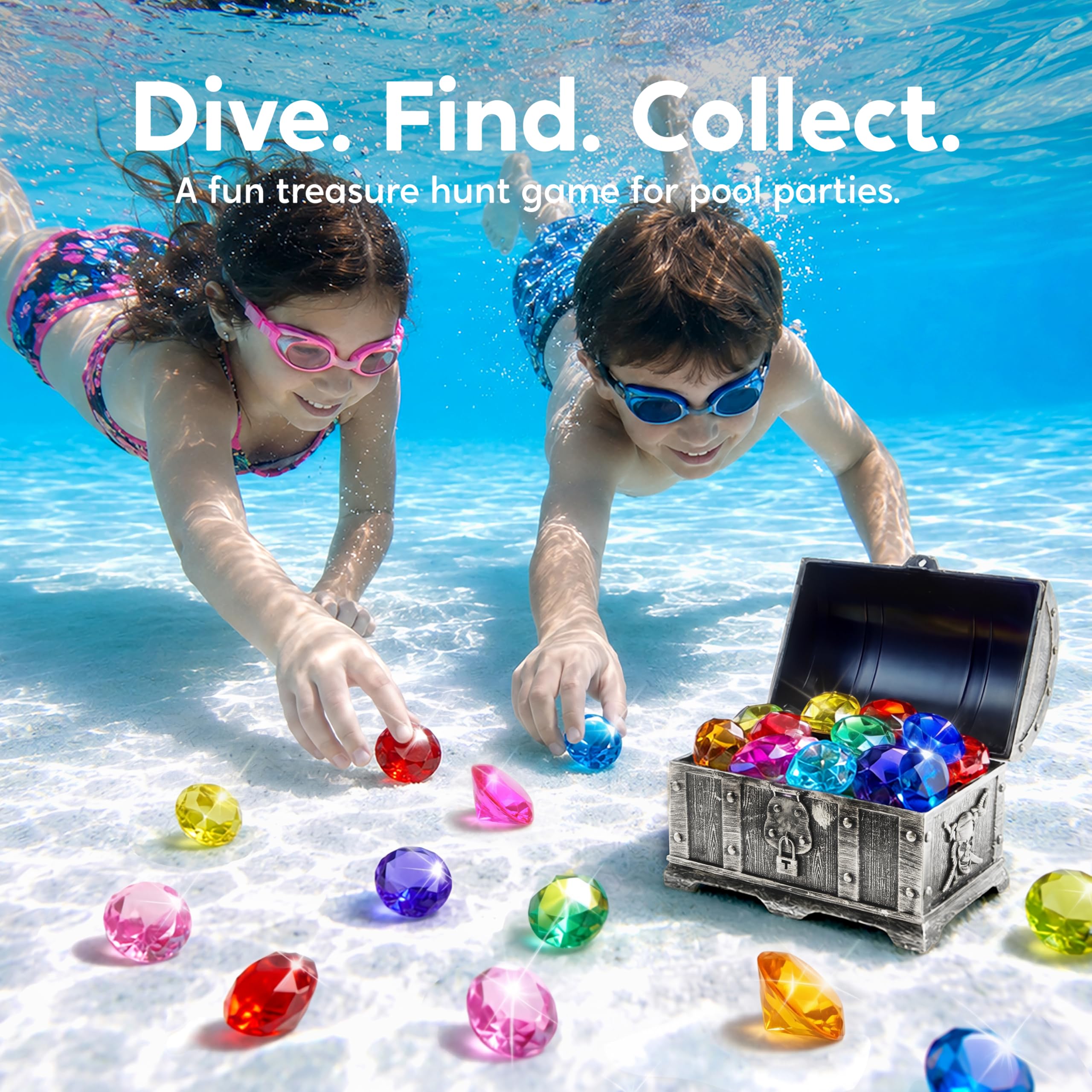 Sloosh Giocattolo da Piscina Diving Gems, 16 Grandi Diamanti Colorati con Scrigno dei Pirati, Giocattolo subacqueo per Bambini con Gemme subacquee, Regalo per l'allenamento al Nuoto