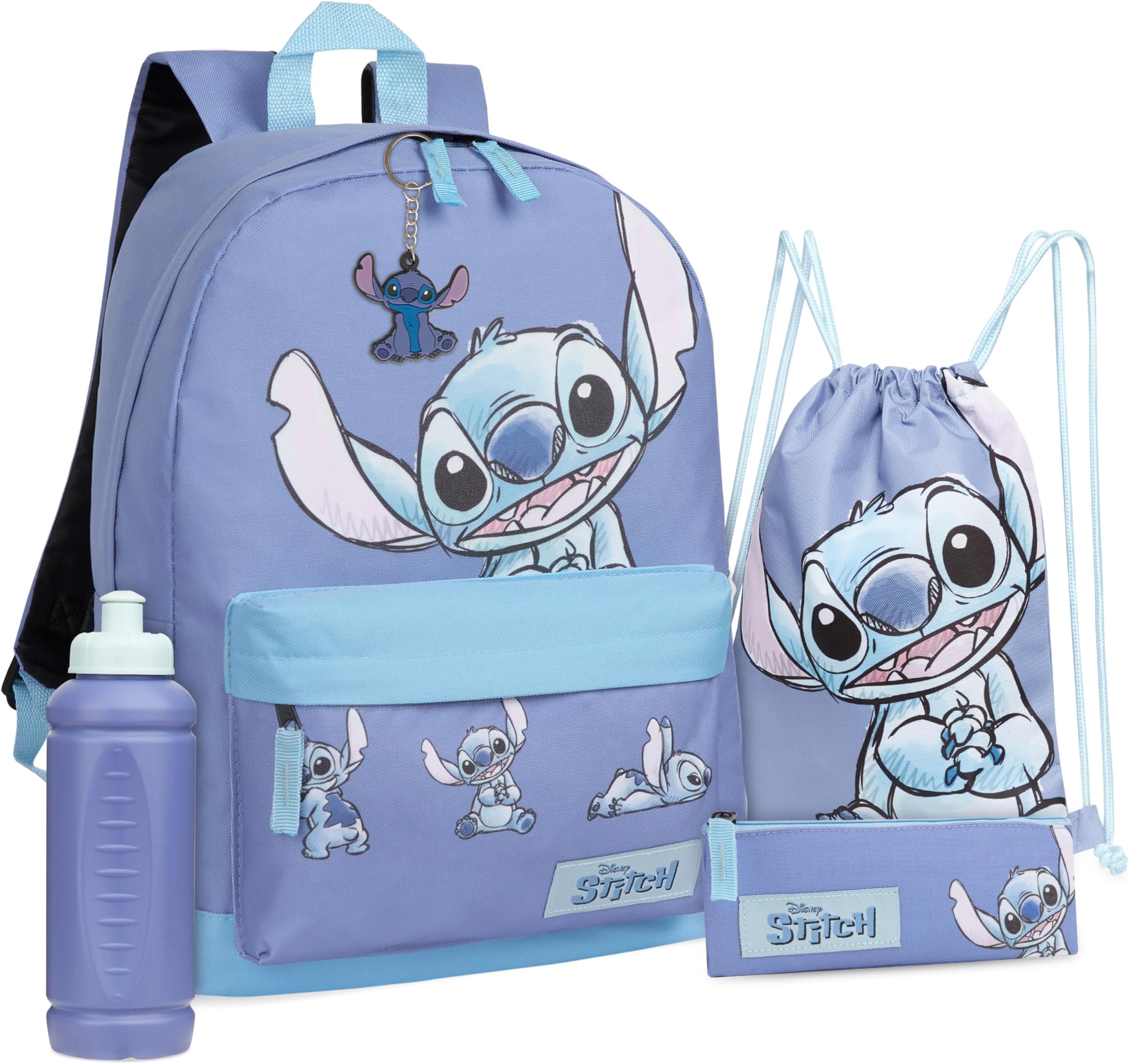 Disney Stitch School Bag Set, 5 Pieces with Backpack, Drawstring Bag, Pencil Case, Water Bottle & Keyring - Stitch Gifts