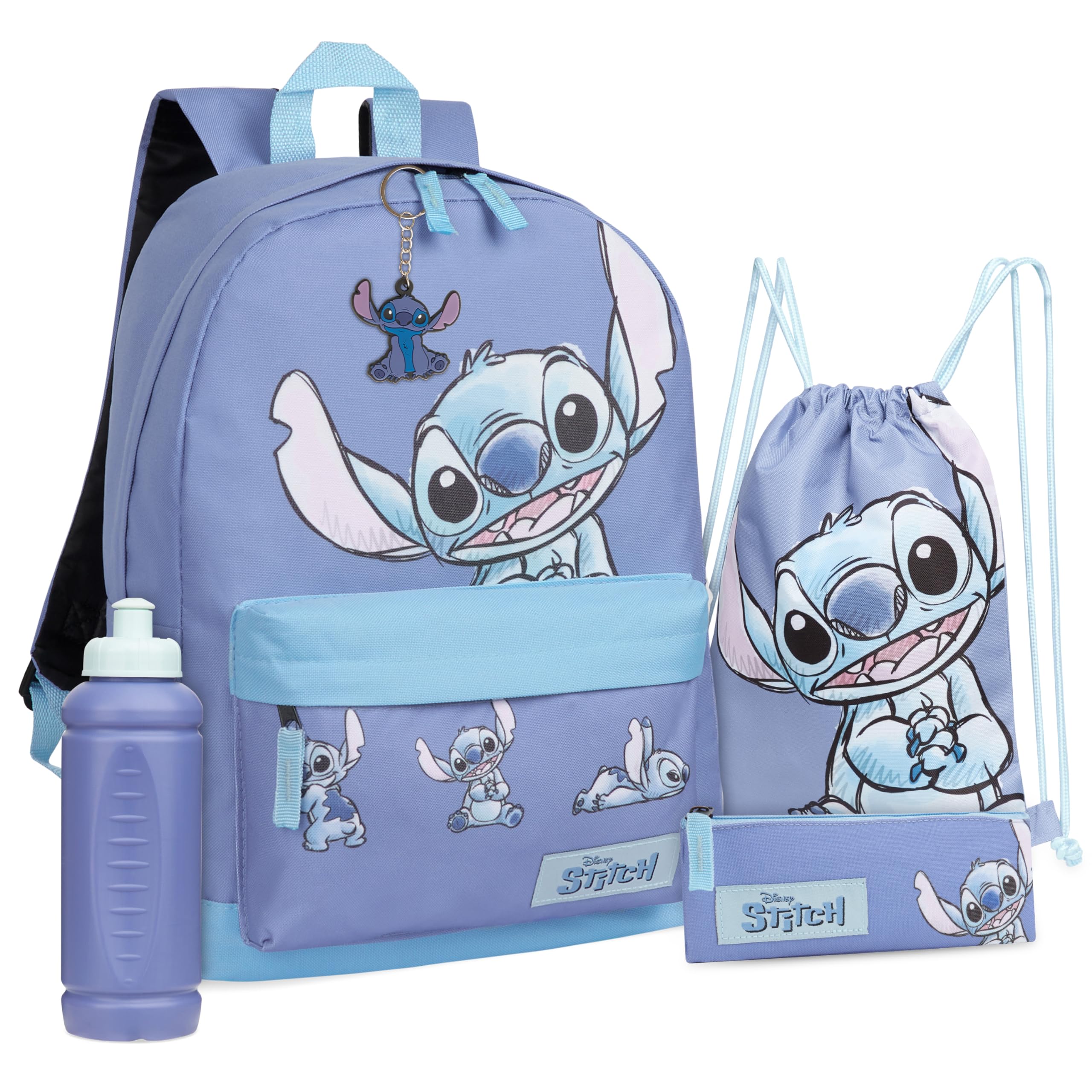 Stitch School Bag Set, 5 Pieces with Backpack, Drawstring Bag, Pencil Case, Water Bottle & Keyring - Stitch Gifts