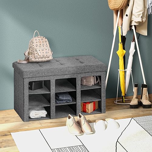 Miniatura 2 de HOMCOM Moderno banco plegable de almacenamiento de zapatos con tapa abatible, banco otomano para dormitorio y pasillo con 9 cubos, gris