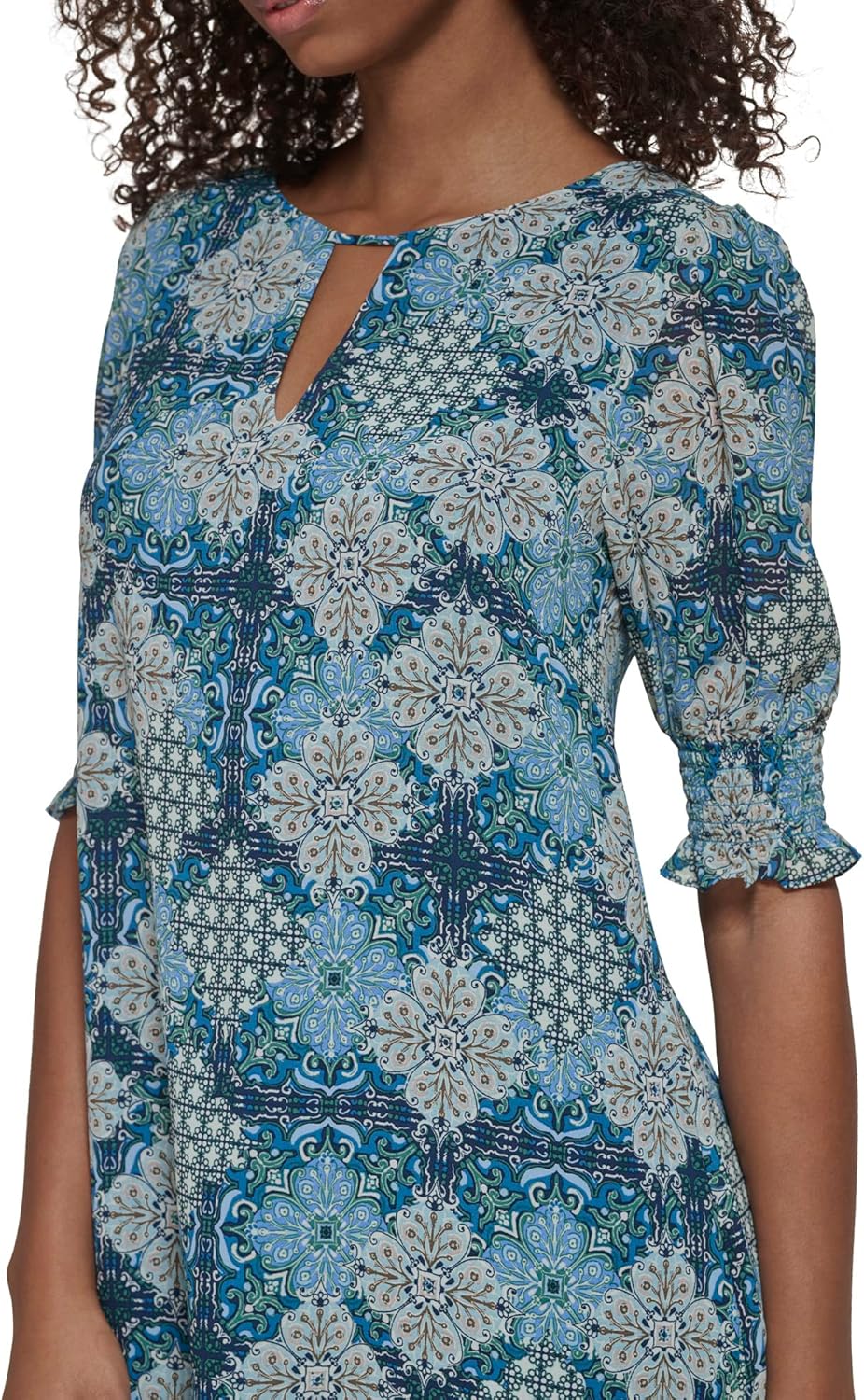 Jessica Howard Womens Tile Print Chiffon Shift Mini Dress with Elbow Sleeves - Image 5