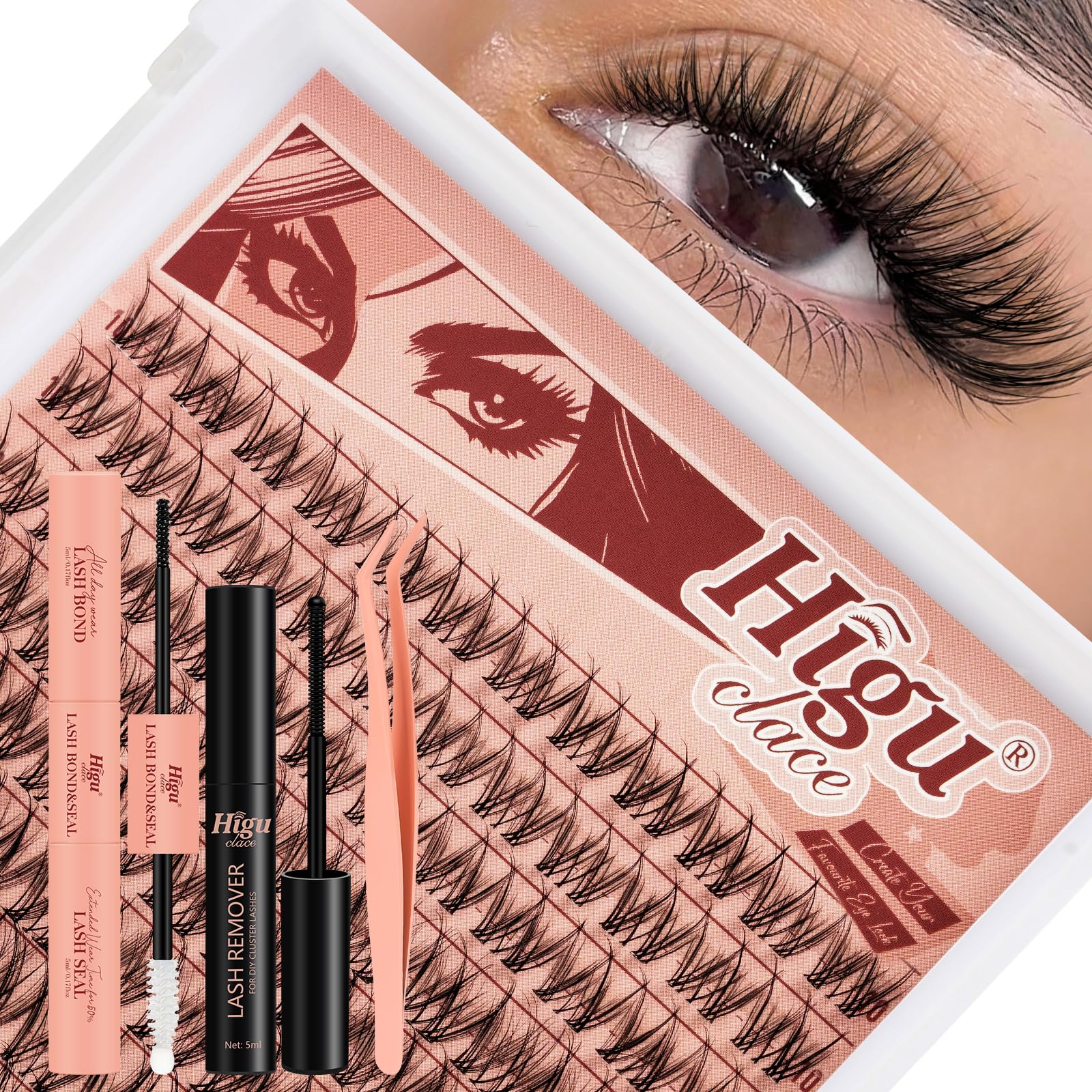 Higu clace Manga-Lashes 144 PCS Wimpern-Extension Set Wimpernverlängerung Set Cluster Lashes Mit Lash Kleber Entferner Wimpern Applikatoren für DIY Wimpern Extensions Set