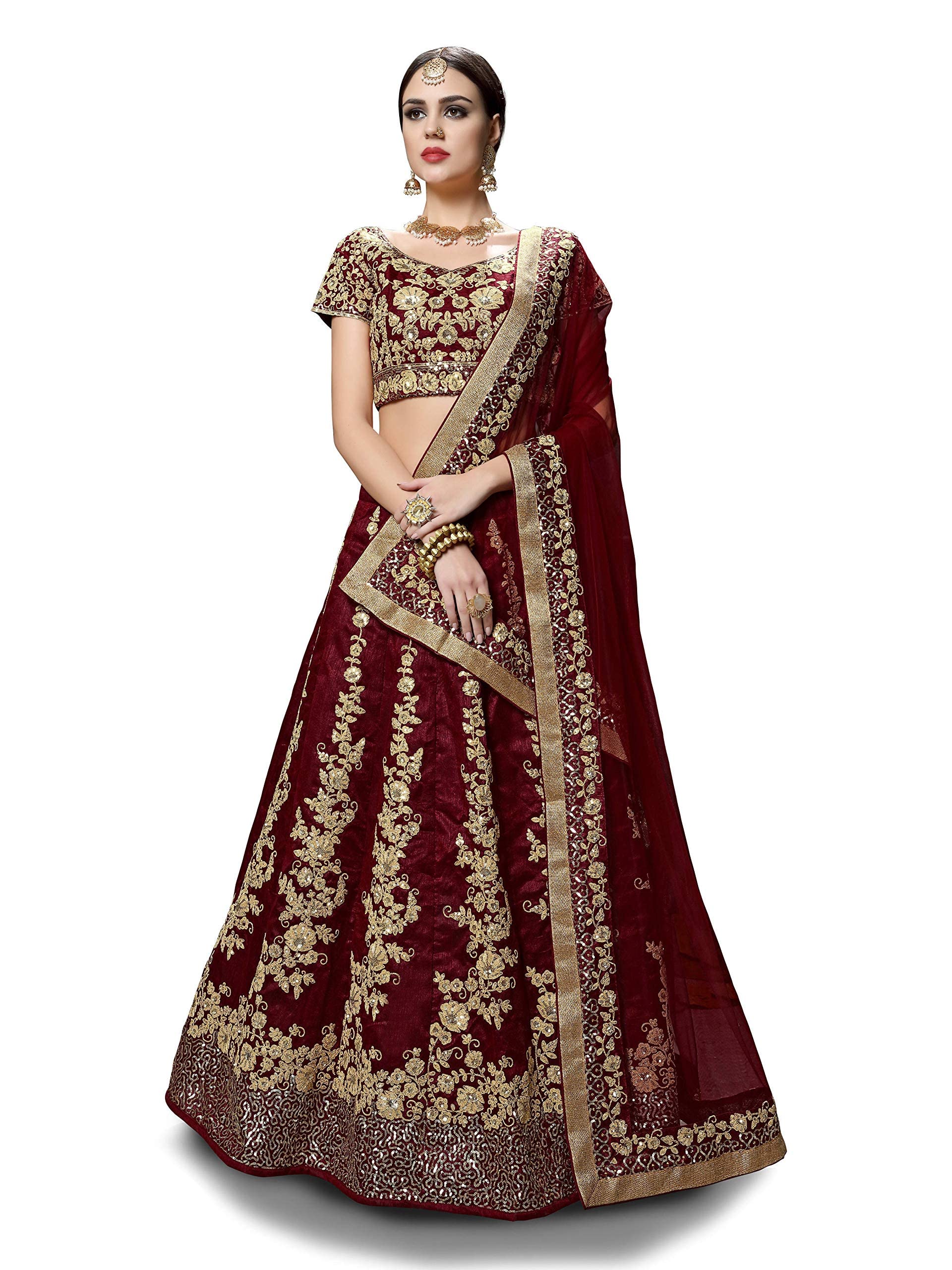 zeel clothing Women's Art Silk Fine Embroidered Semi Stitched Lehenga Choli with Dupatta (7008-Maroon-New-Wedding-Bridal; Free Size)-picture-13