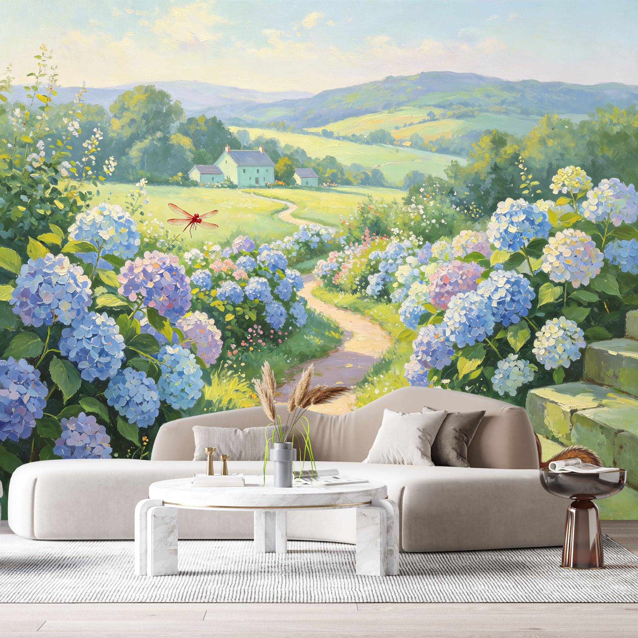 Custom Size Wall Murals Farmhouse American Country Oil Painting Hydrangea Flowers Pathway Squirrel SelfAdhesive Wall Fabric Removable Large Wallpaper Photo for Living Room