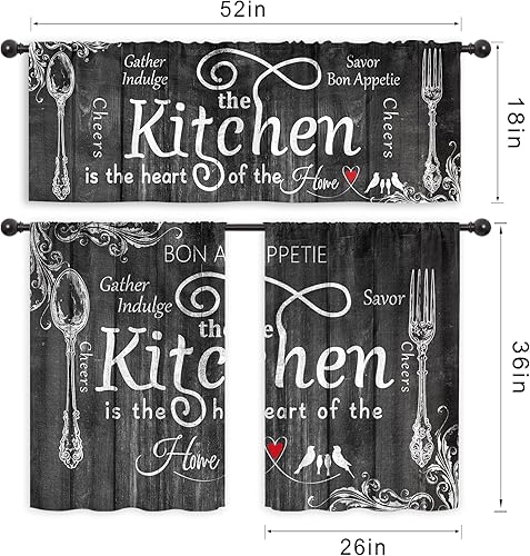 Miniatura 2 de Riyidecor Cortinas y cenefas de cocina negras y blancas, juego de 3 piezas para ventanas, bolsillo para cortinero, 36 pulgadas de largo, cortinas