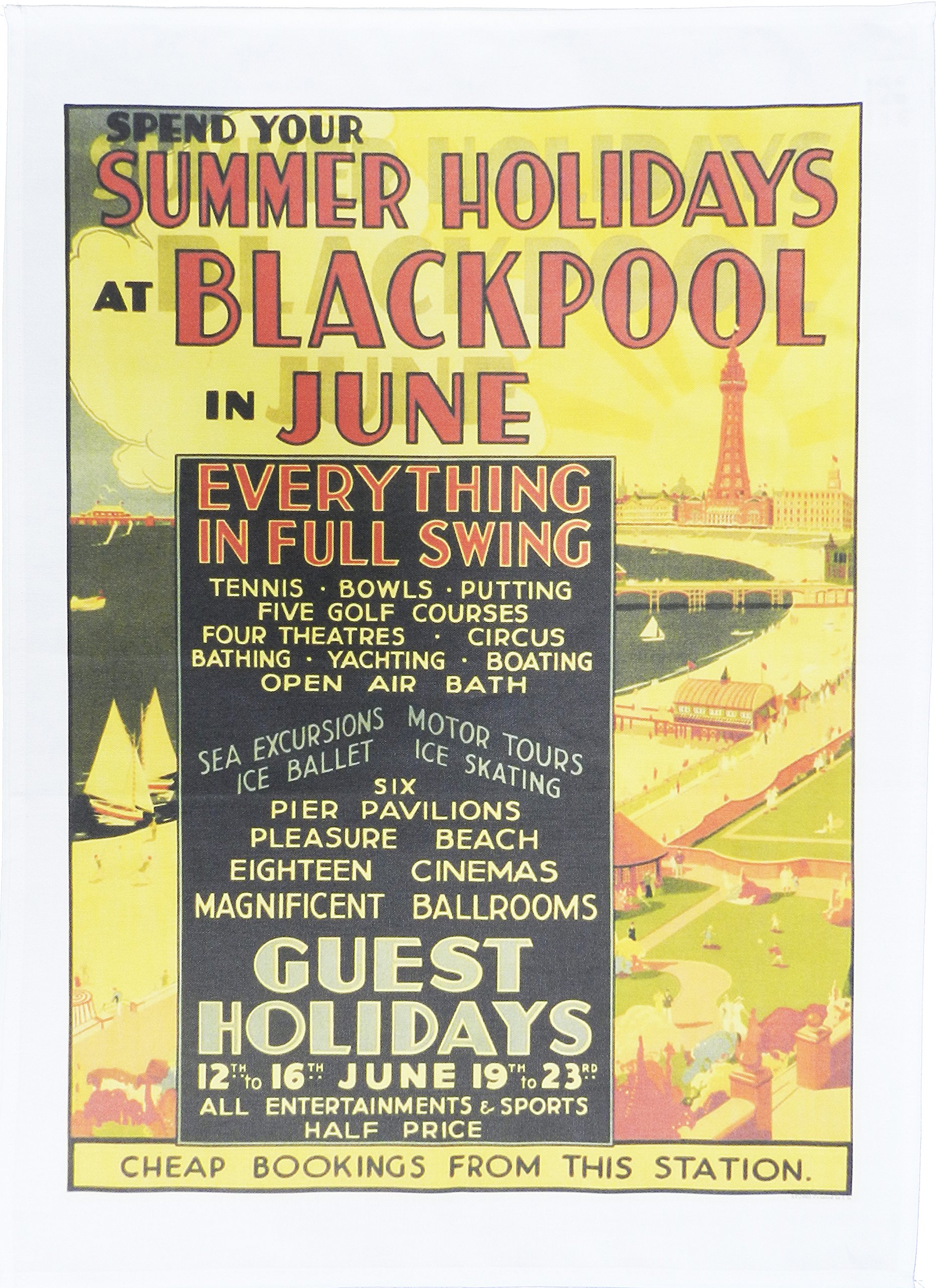 Half A Donkey Blackpool - Everything In Full Swing - Retro Style Travel Poster Large Cotton Tea Towel
