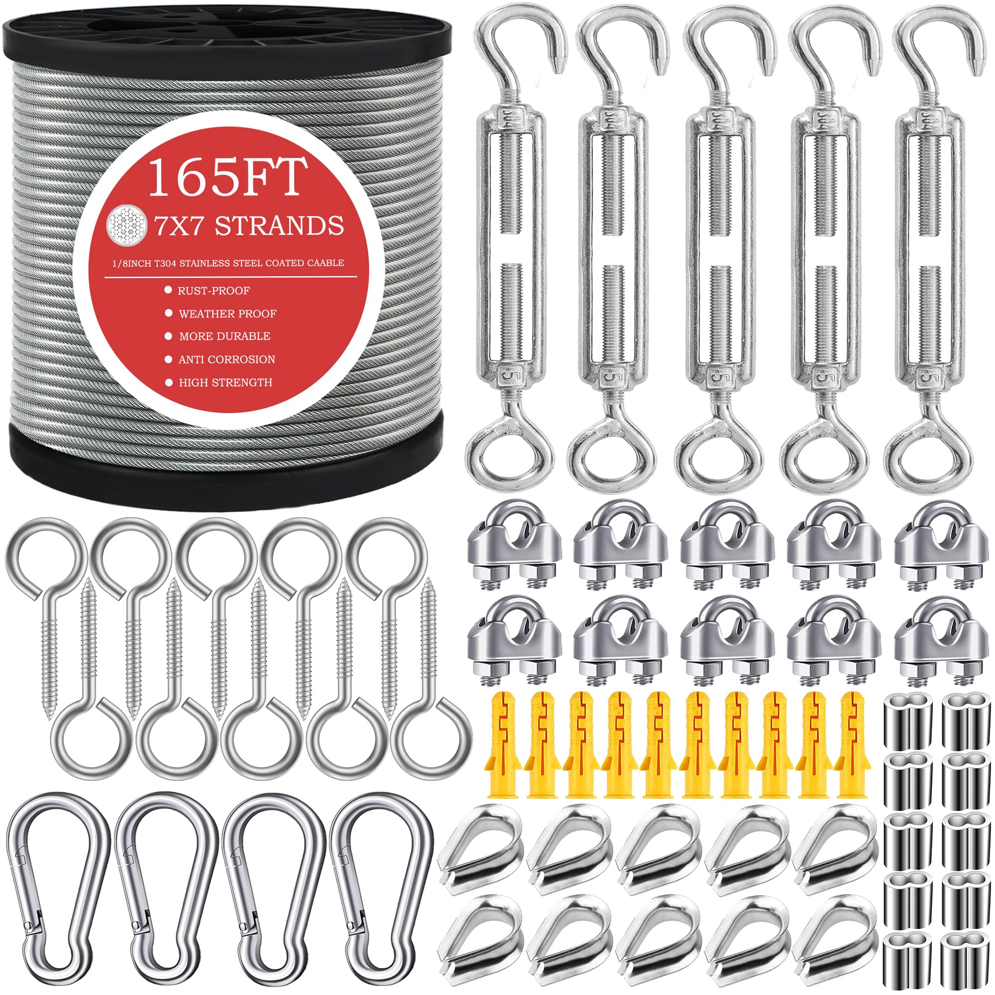 165FT Steel Cable Kit - Turnbuckles & Stainless Wire Rope -1
