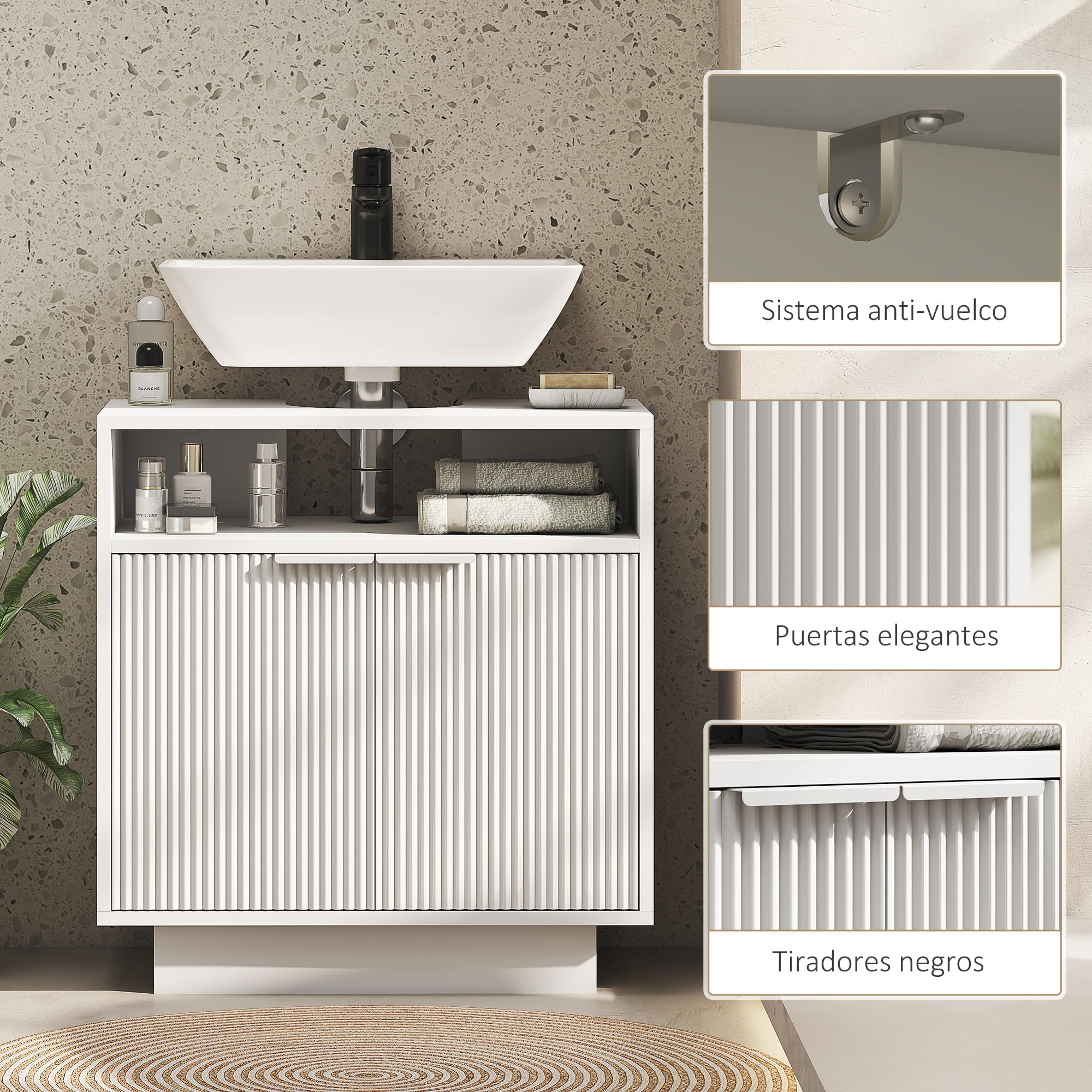 HOMCOM Mueble bajo Lavabo con 2 Puertas Acanaladas 60x33x63 cm Blanco | Mueble de Baño, Compartimento Abierto, Armario de Baño para Lavabo sin Pedestal, Estilo Moderno