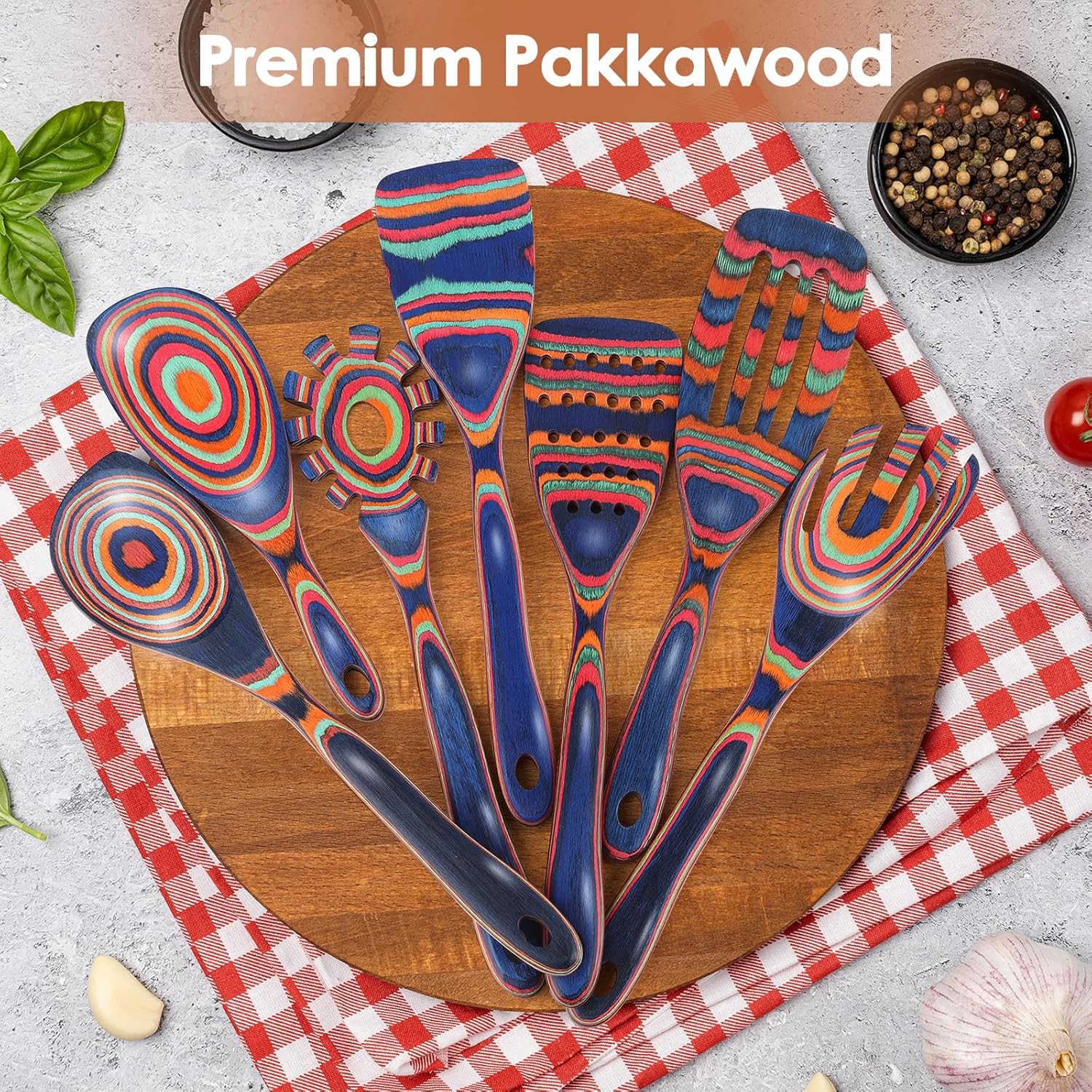 comfoyar Pakkawood Wooden Spoons for Cooking, 7 Pieces Kitchen Cooking Utenails Set with Spatula and Ladle, Heat Resistant Kitchen Cookware for Nonstick Pan - Image 3