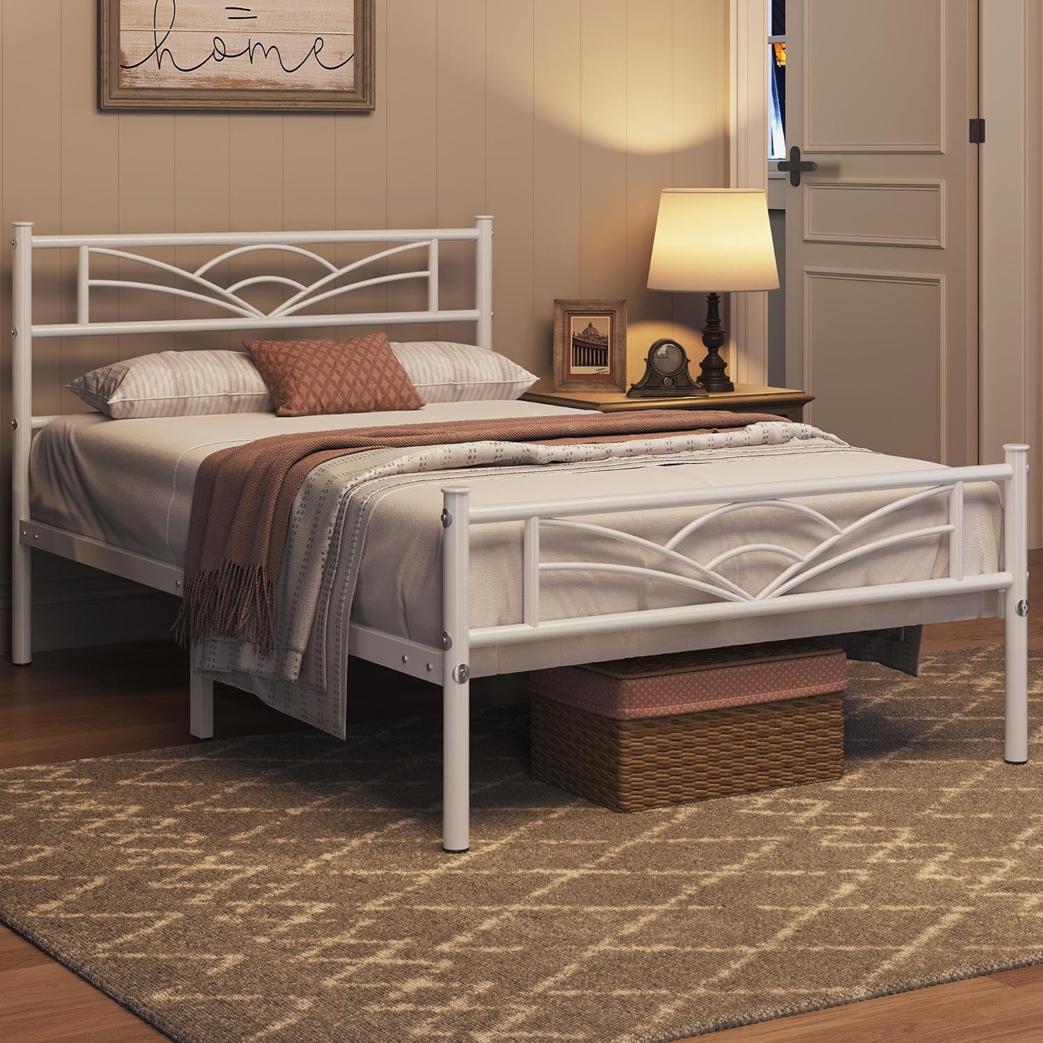 Topeakmart Twin Size Bed Frame, Metal Platform Bed Frame, Mattress Foundation with Cloud-Inspired Design Headboard, No Box Spring Needed, Sturdy Steel Slats, Under Bed Storage, White