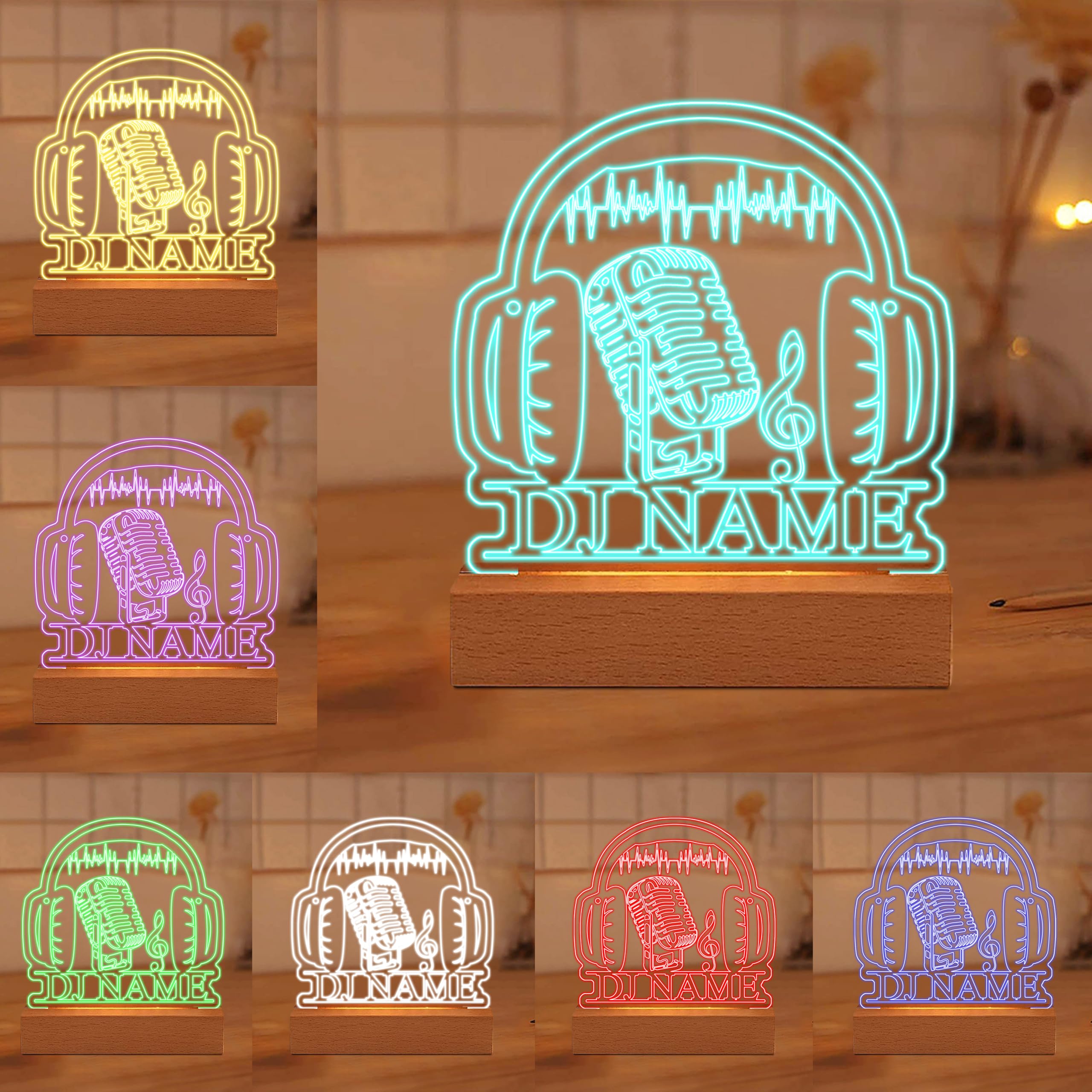 Collienght Personalized Name Headphone Acrylic Night Light DJ Acrylic Board Microphone and Headphone Lamp Music Headphone Game Headphone Desk Lamp Musical Decor Gift for Music Lovers Musician