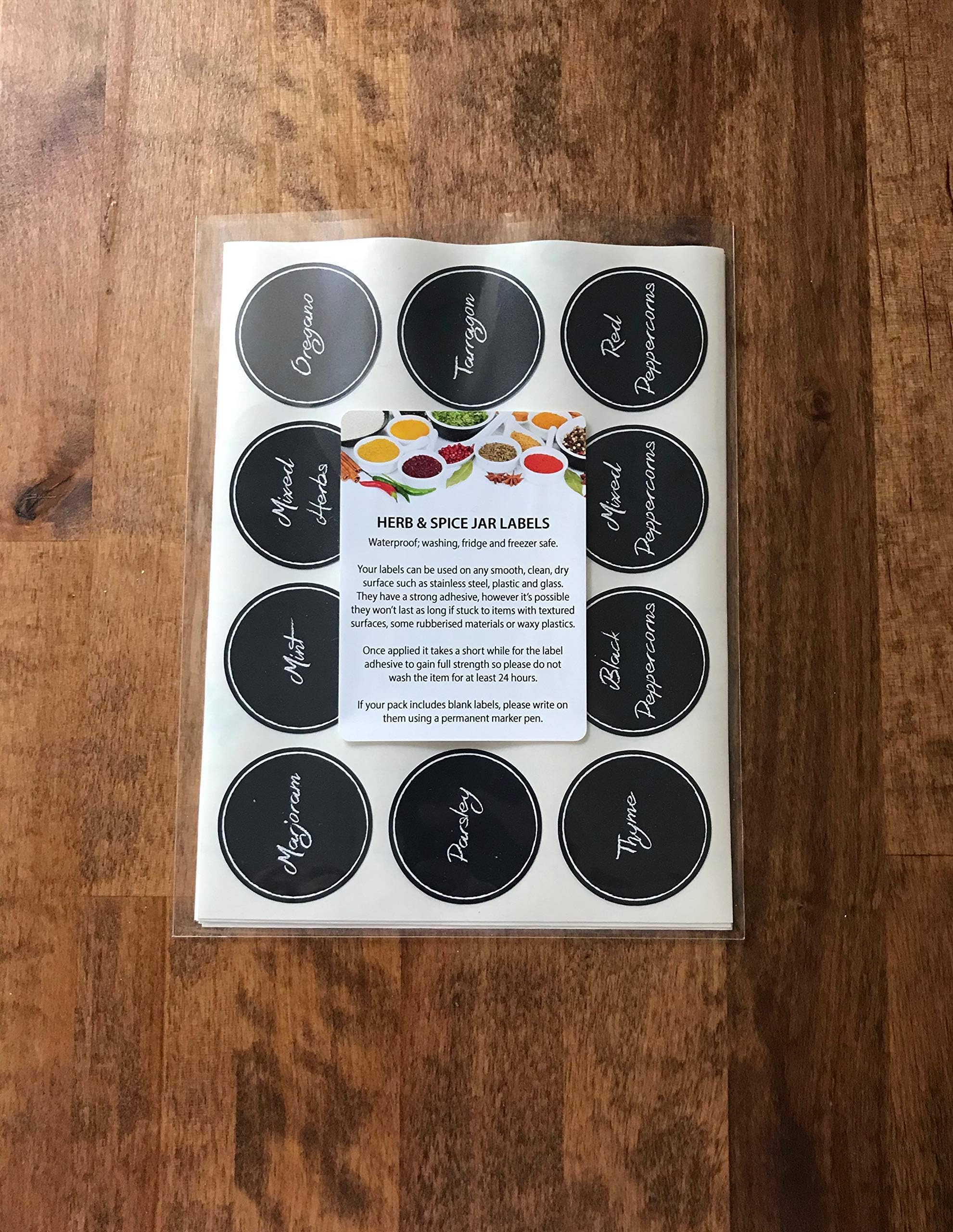72 Herb and Spice Jar Labels Stickers โ Clear/Transparent with Black or White Print - 38mm Round (Clear with White Print)