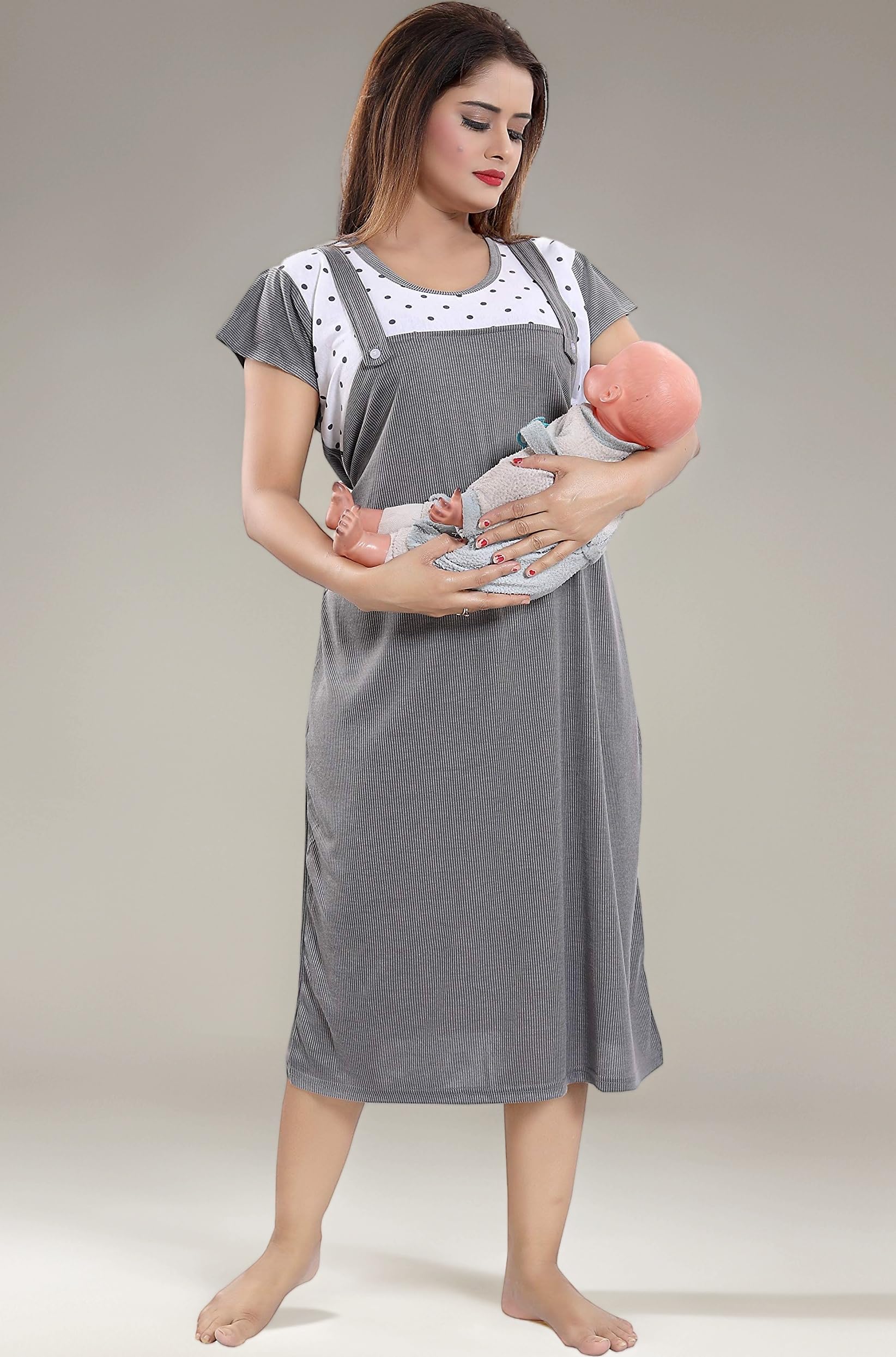 Women's Polyester Blend Dungaree Knee Length Nighty Pre and Post Pregnancy