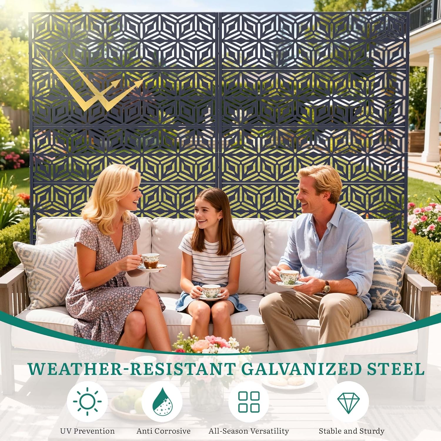 Decorative Privacy Screen Outdoor 72" H×44" W, Steel Laser Cut Snowflakes Garden Privacy Fence Panel, Weatherproof Freestanding Modern Screen Divider for Balcony Patio Deck Backyard Home