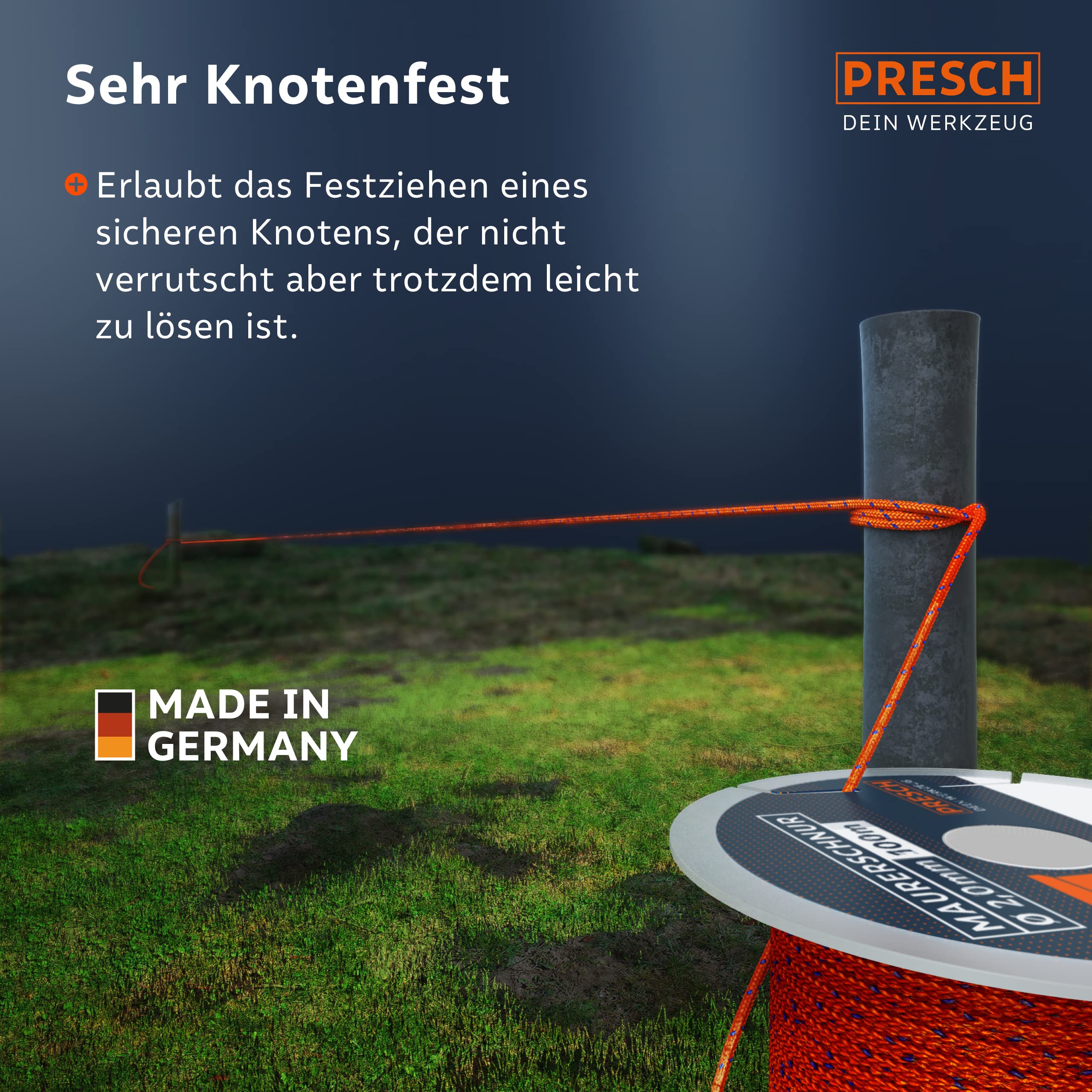 Presch Maurerschnur 100m | Ø2,0mm | Polyester | Reißfeste, witterungsbeständige Richtschnur mit Spule | Knotenfeste Bauschnur - Extrem langlebig und hochwertig