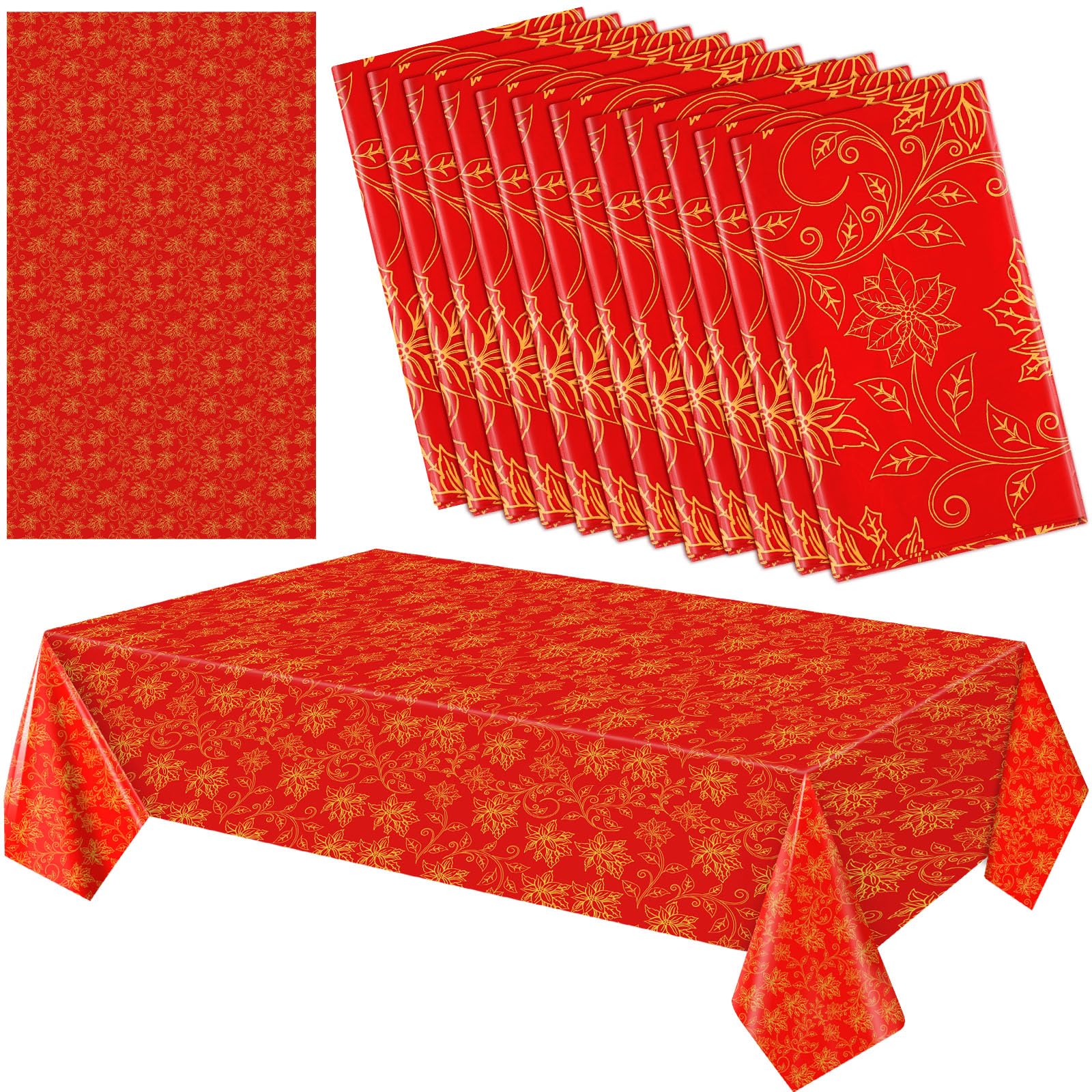 12 Pcs Christmas Disposable Tablecloth Christmas Red Gold Poinsettia Rectangle Tablecloth Disposable Plastic Tablecloth Holiday Floral Poinsettia Tablecloths 54x108 in for Xmas Party Supplies