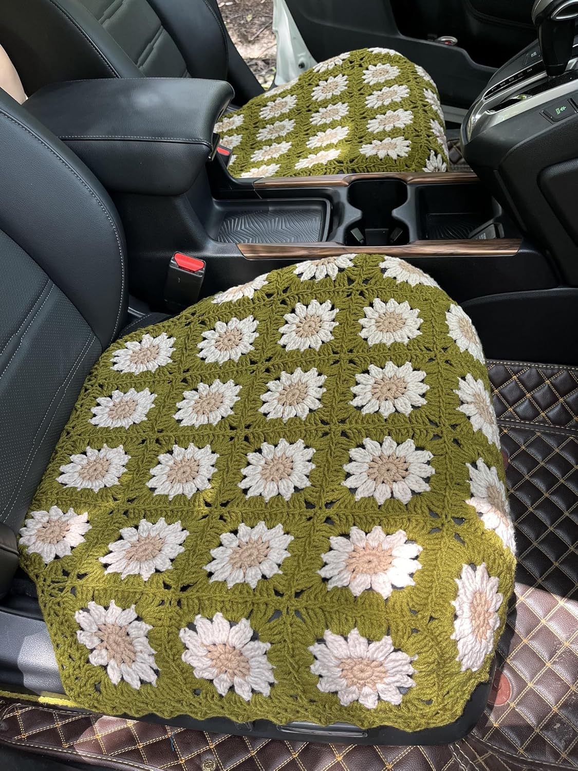 Handmade Crochet Sunflower Car Seat Cover Front Bottom Seat Cushion Cover,Universal Fit Vehicles Sedans SUVS Vans Trucks -2 Piece (Mustard Green)