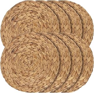 JEUIHAU Set of 8 Water Hyacinth Braided Placemat, 13 Inch Round Placemats Rattan Placemats, Natural Wicker Seagrass Rattan Placemats for Dining Table, Decoration