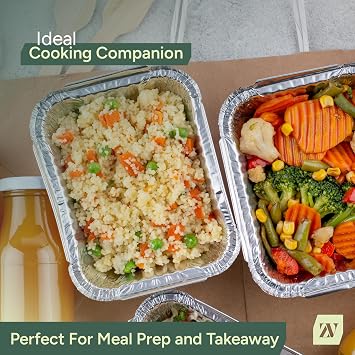 Aluminium Disposable Foil Food Container with Lids (Pack of 50) Reusable Takeaway Containers, Great for Baking Roasting Cooking Food Storage, 14 x 12 x 5cm