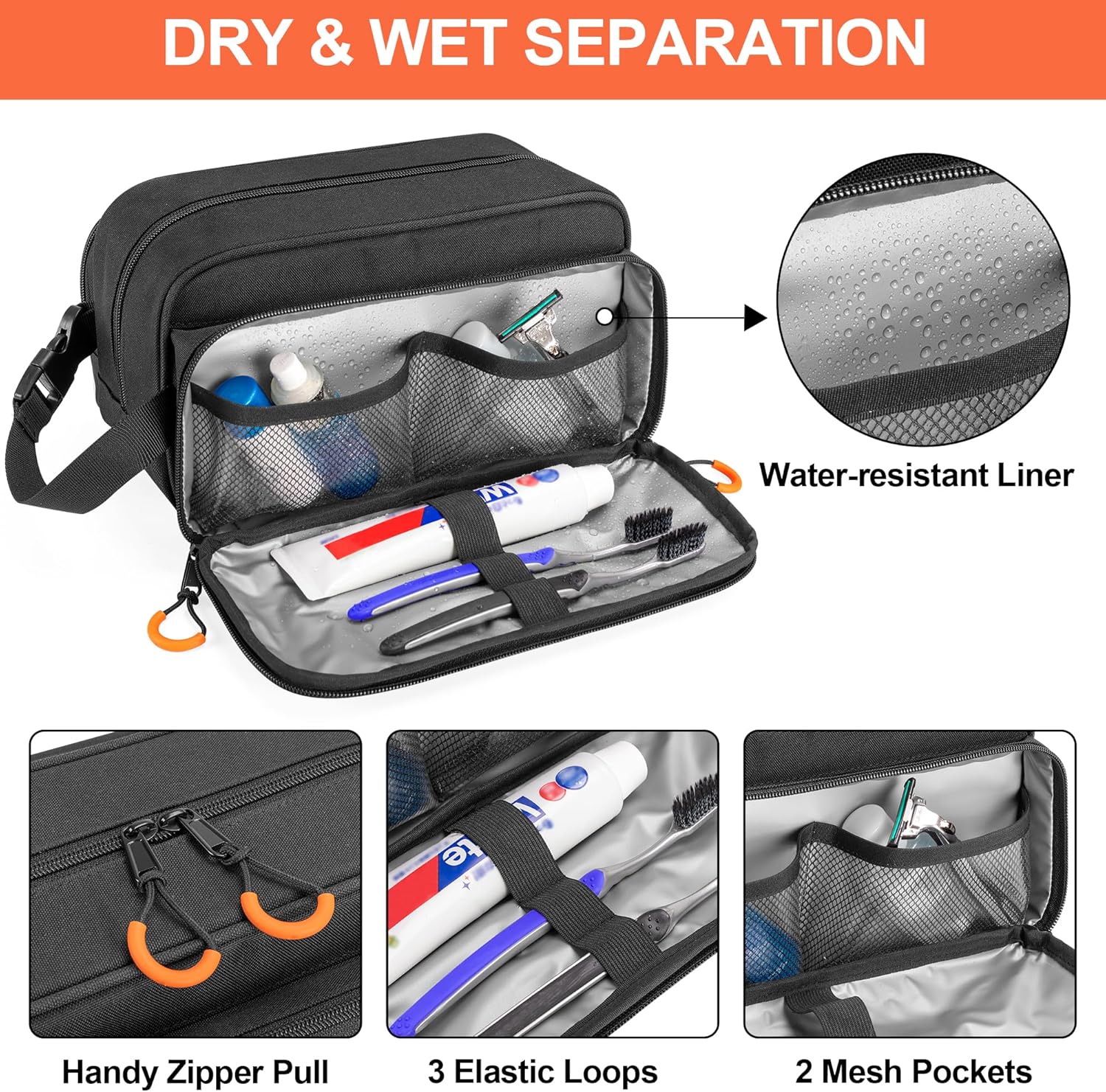 Tactical Toiletry Travel Bag for Men, Dopp Kit Shaving Organizer Case for Toiletries, Shower and Grooming Care Accessories, Black (Empty Bag Only, Patent Design) - Image 2