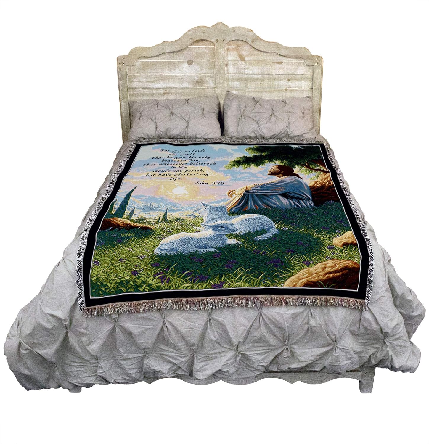 Green Pastures Blanket by Raoul Vitale - For God So Loved The World - Scriptures - John 3:16 - Jesus Christ Lambs Religious Gift Tapestry Throw Woven from Cotton - Made in the USA (72x54)
