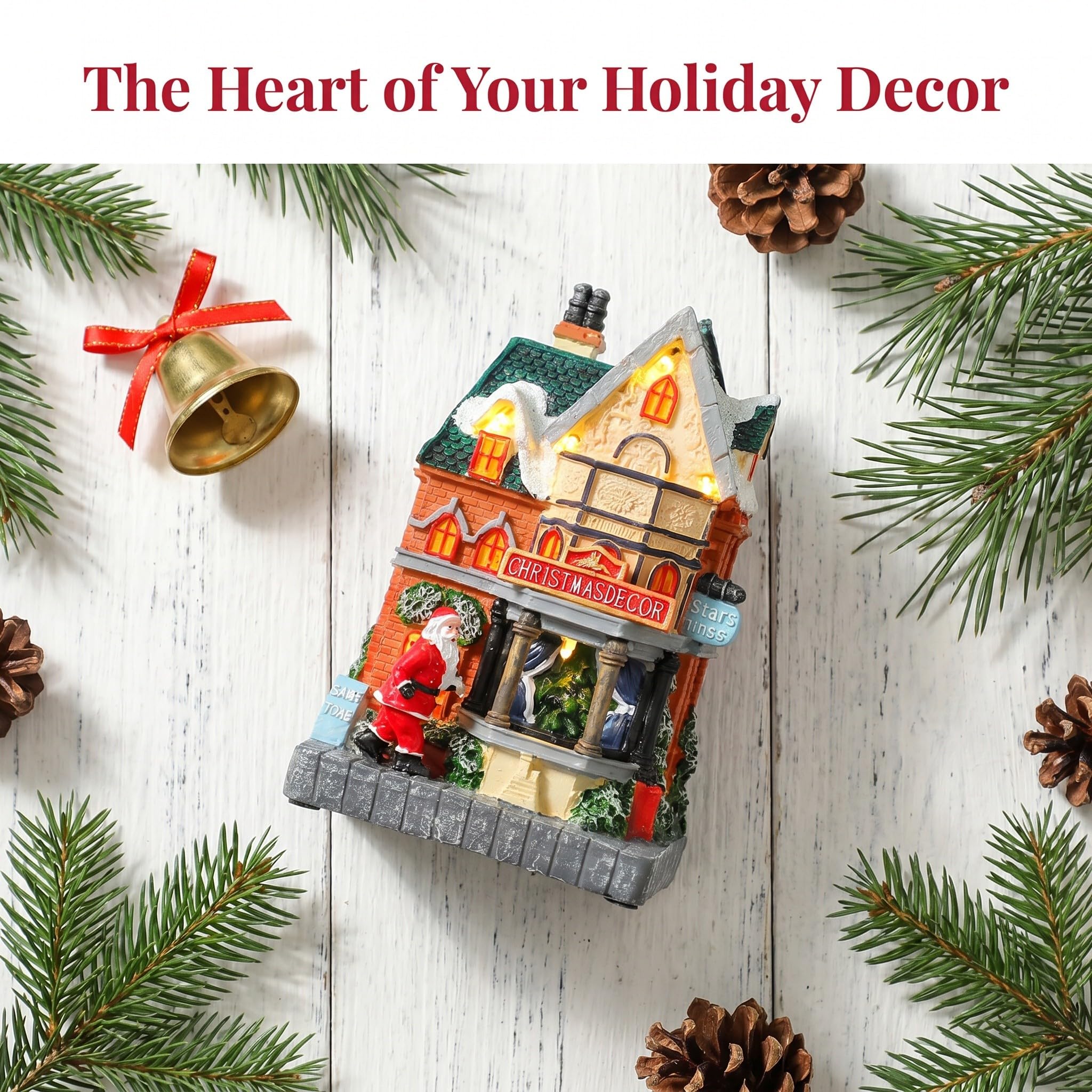 INOOMP Statuetta di casa di Babbo Natale a LED - Piccola casa illuminata per Villaggio Natalizio - Mini Decorativa in Resina per Scena Natalizia, Ideale per Feste e Decorazioni da Tavolo.