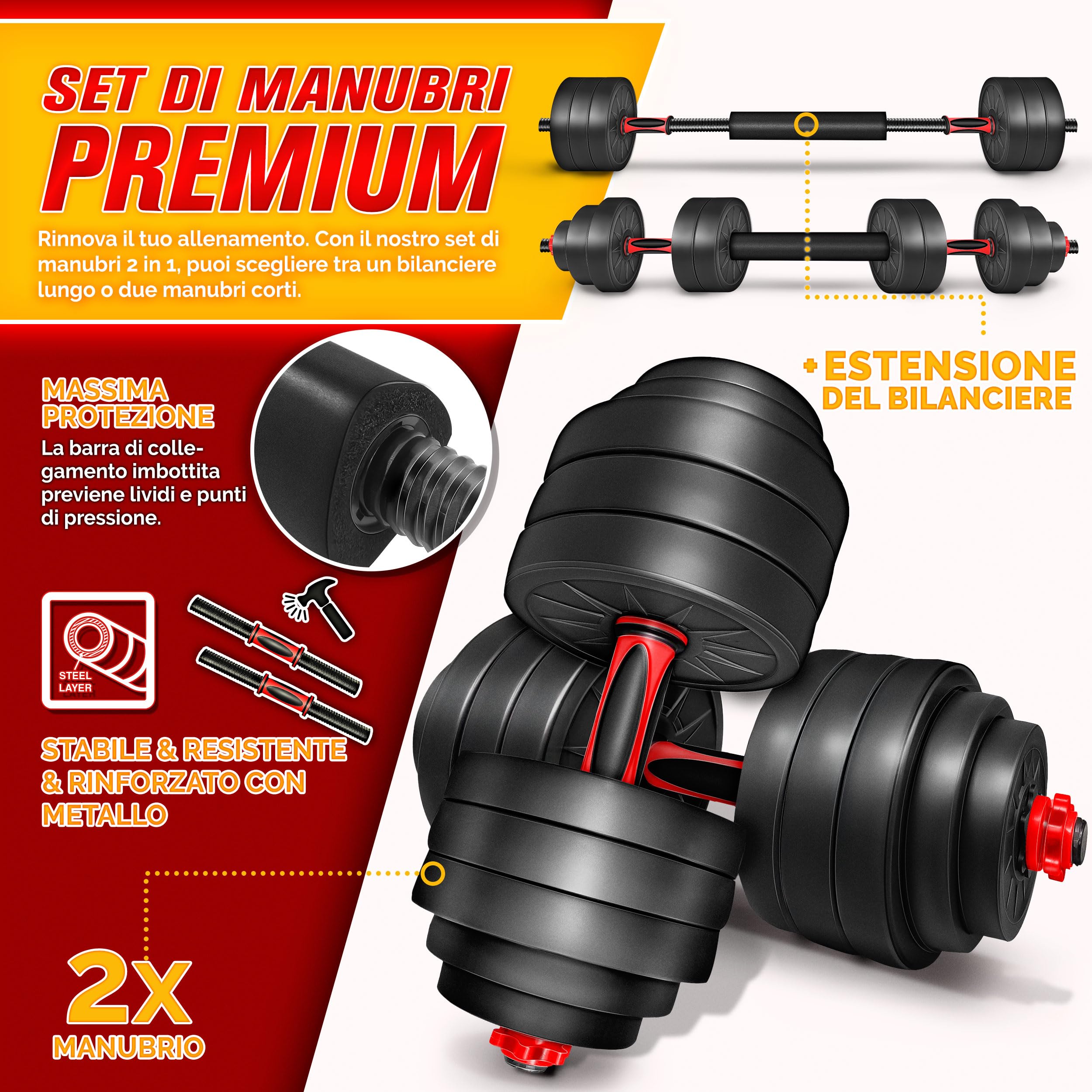 RE:SPORT Set di manubri 2 in 1 15-40kg | Set di manubri regolabili | Manubri corti e lunghi | Chiusure a stella e tubo di collegamento