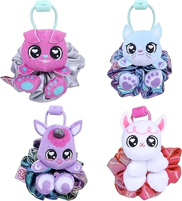 Scrunchmiez Four Pack, Exclusive scrunchies That Magically transforms from Hair Scrunchie to Cute Plush Friend as Well as Backpack Clip. So Many Characters to Collect & wear.