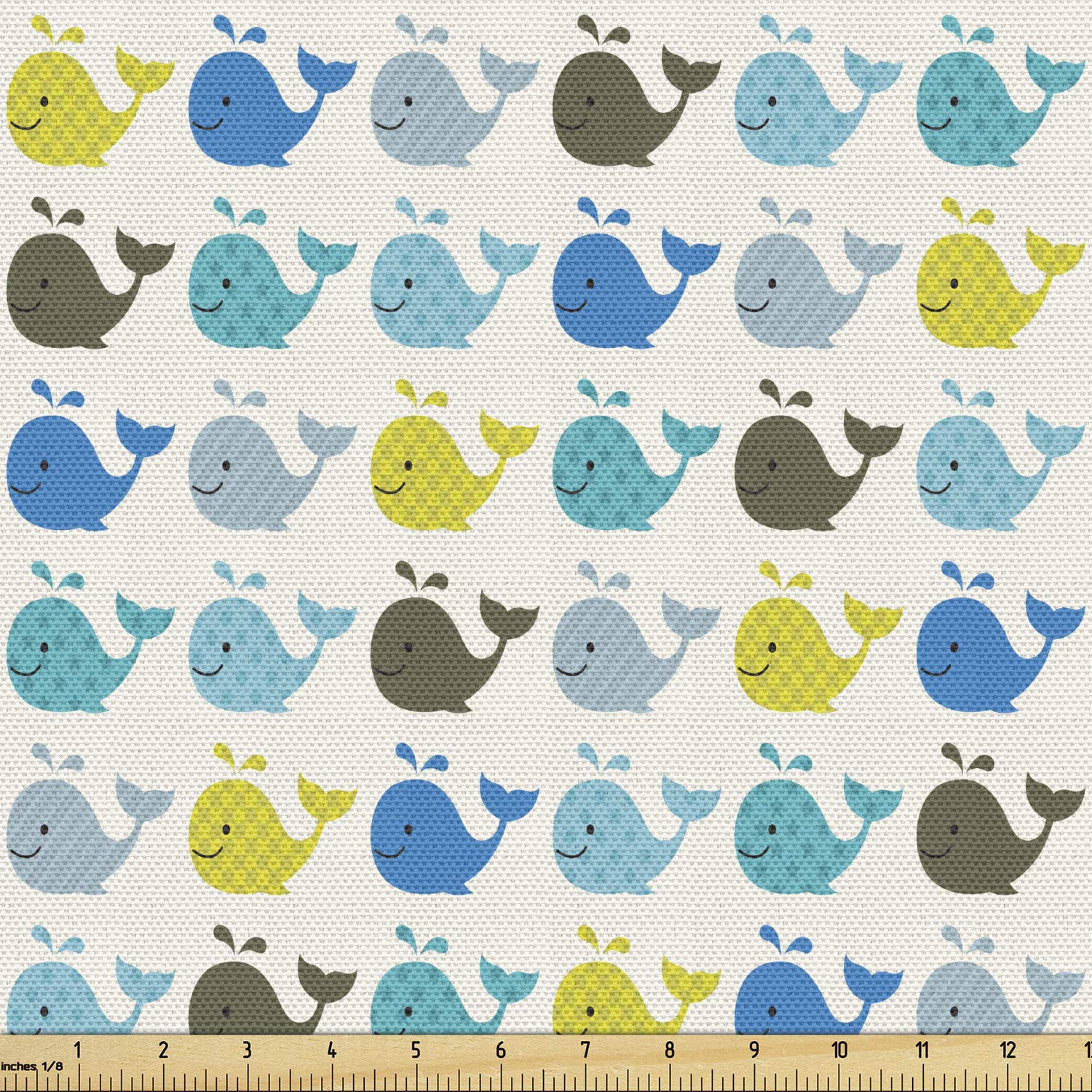 Lunarable Fish Fabric by The Yard, Whale Fish Pattern in Various Tones Sea Creature Marine Life Digital Print, Decorative Fabric for Upholstery and Home Accents, 1 Yard, Blue Yellow