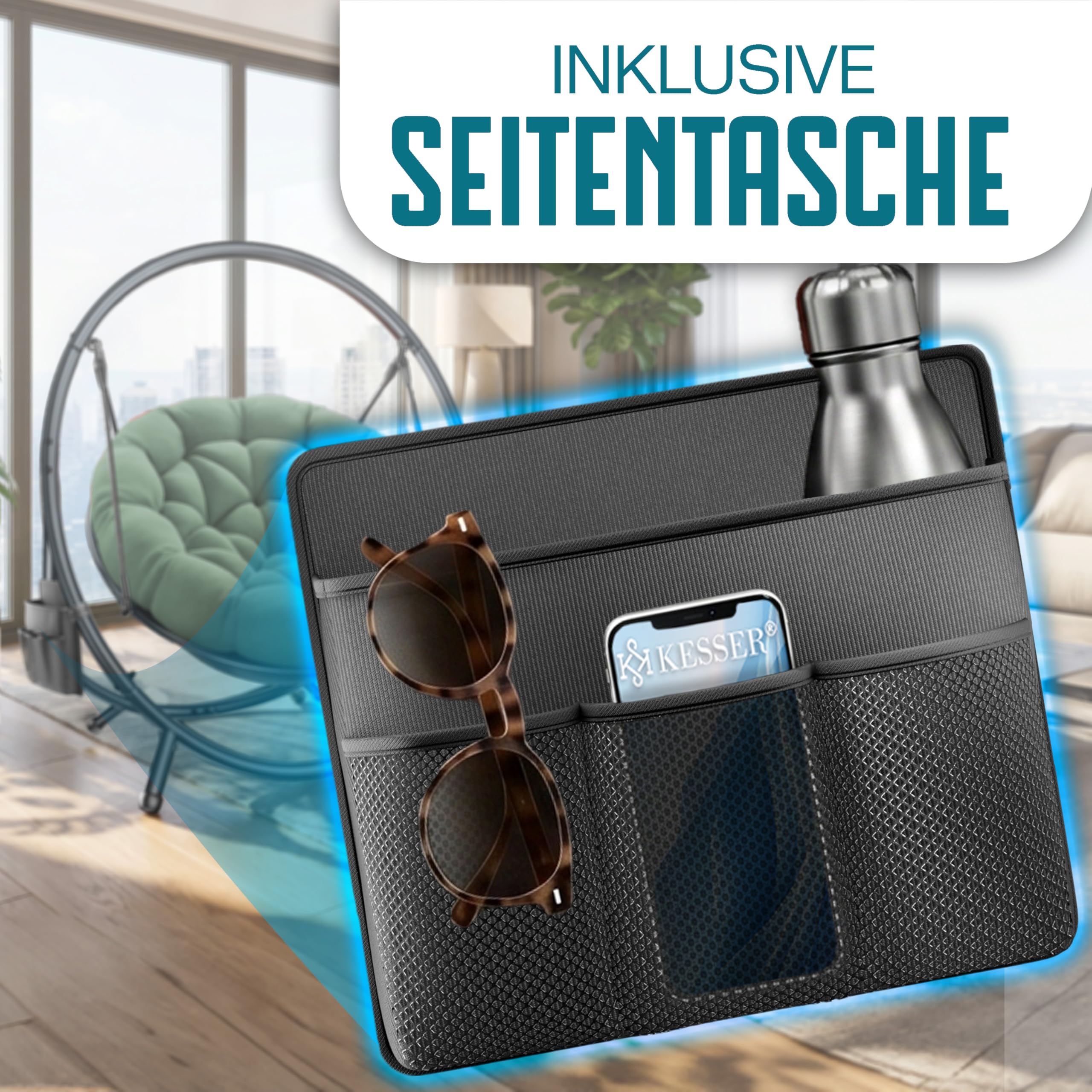 KESSER® Hängesessel mit Gestell Bali Hängeschaukel Hängestuhl bis 150kg für Indoor und Outdoor + Kissen & Seitentasche Hängekorb Stahlgestell & Schaumstoff Sitzpolster