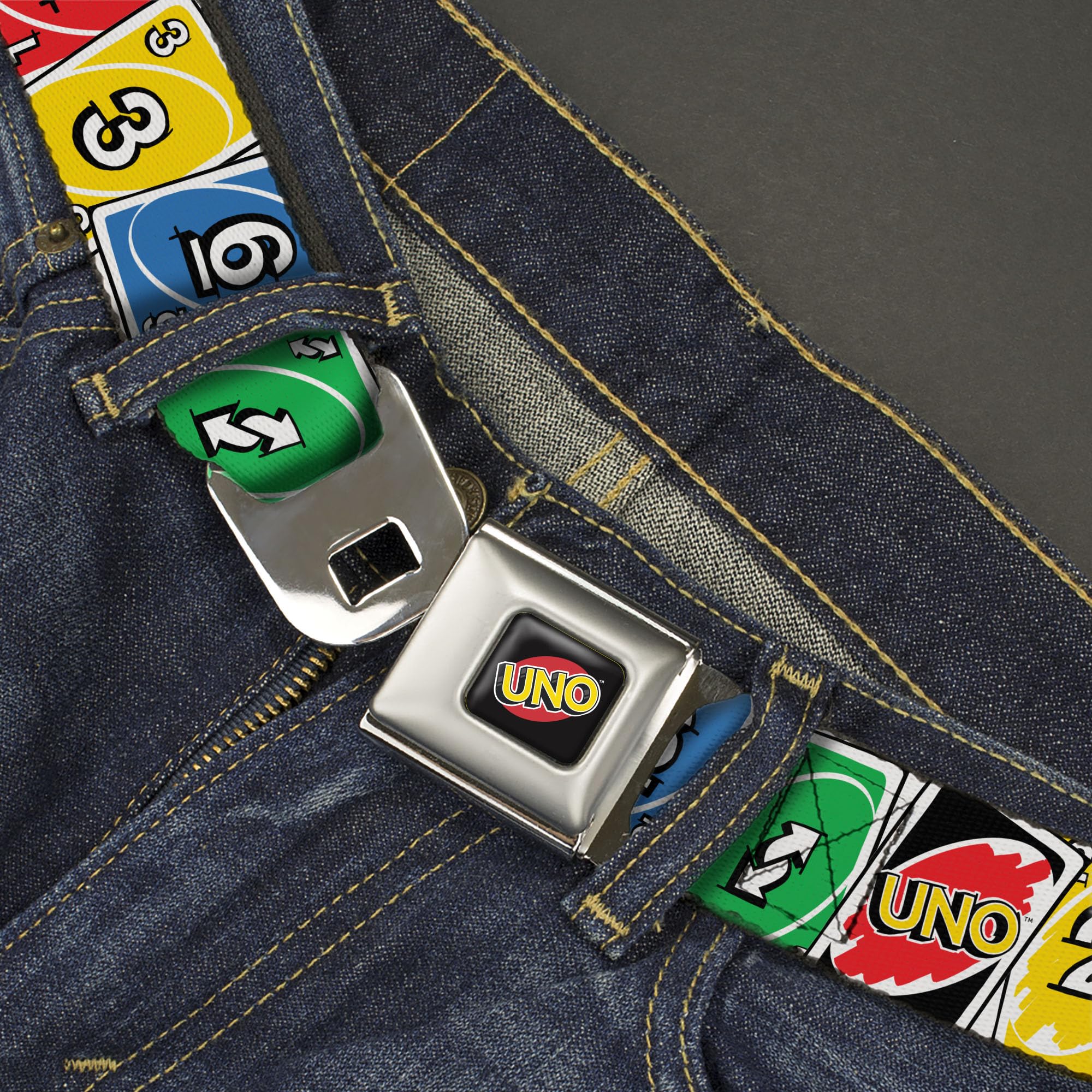 Mattel Belt, Seatbelt Buckle Belt, UNO Cards Lineup Stack Multi Color, Youth 20 to 36 Inches
