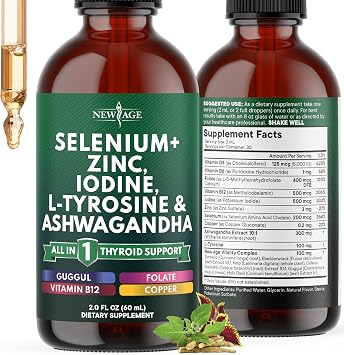 Thyroid Support Drops - Selenium, Zinc, Iodine, L Tyrosine, Ashwagandha, Turmeric, Schisandra Guggu, Cayenne, Basil - Liquid Supplement Folate Copper Alcohol -Free, Vegan, Non-GMO 2 oz