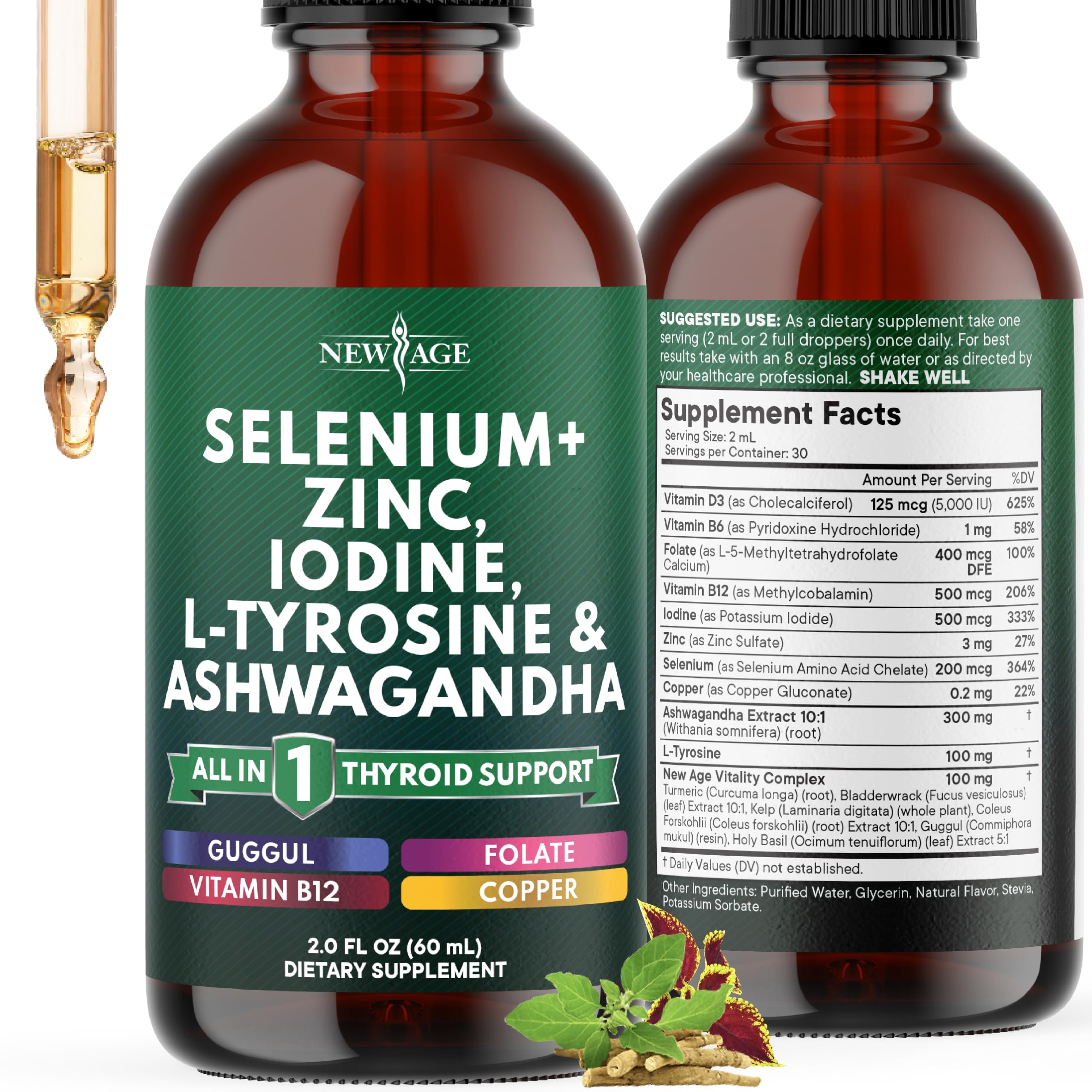 Thyroid Support Drops - Selenium, Zinc, Iodine, L Tyrosine, Ashwagandha, Turmeric, Schisandra Guggu, Cayenne, Basil - Liquid Supplement Folate Copper Alcohol -Free, Vegan, Non-GMO – 2 oz 2 Fl Oz (Pack of 1)
