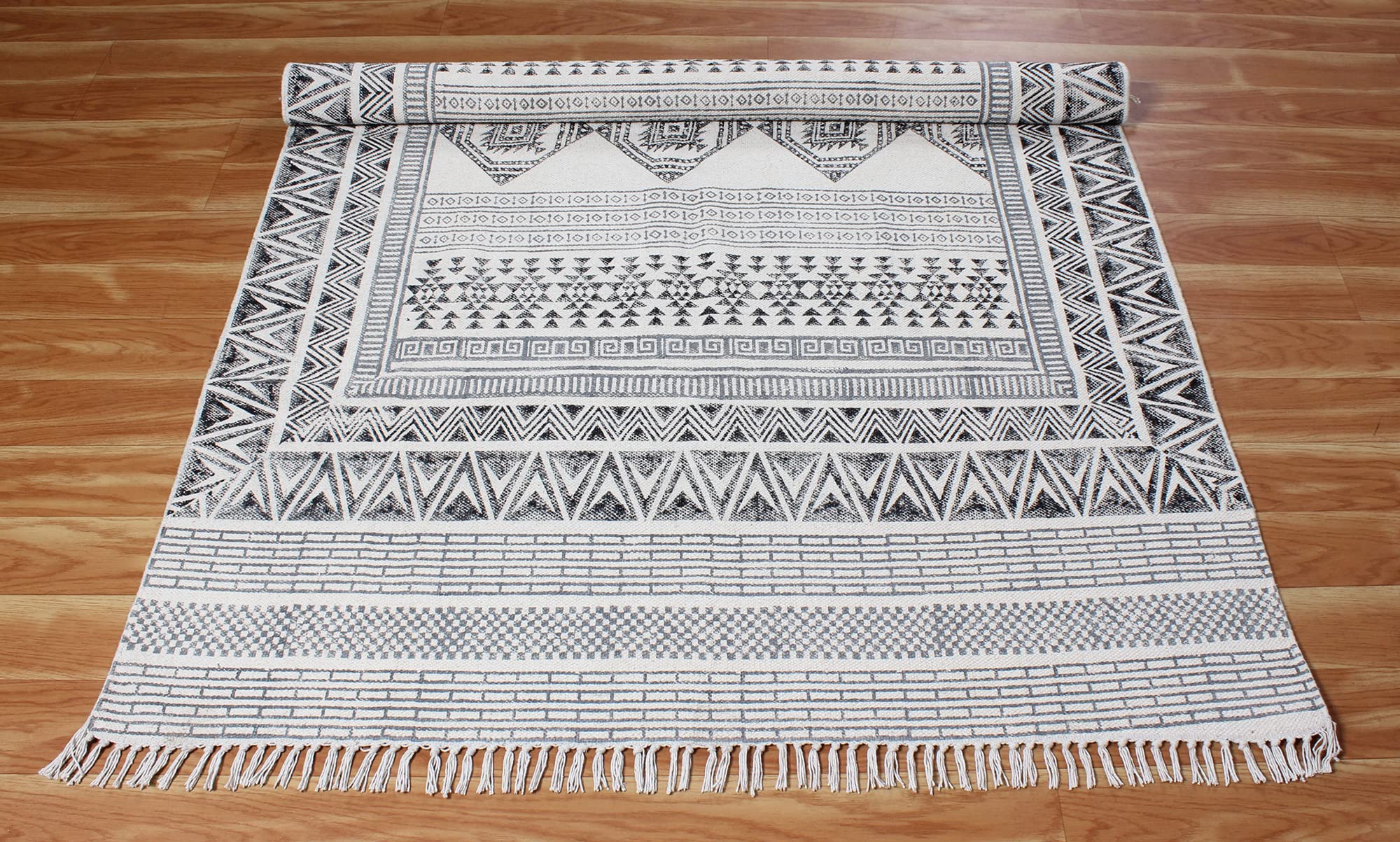 Kilim Bieżnik bawełniany o wymiarach 2,6 x 4, szary i beżowy, chodnik do wnętrz, na zewnątrz, 0,5 cm, kamień, zmywalny, ręczny, bawełniany dywan, chodnik boho, chodnik do kuchni, przy łóżku, na