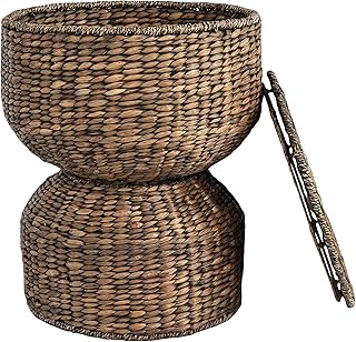 happimess SAT1000B Bhola 18" Hourglass Handwoven Hyacinth Storage Accent Table with Lid for Storage and Decoration in Bedroom, Living Room, Kitchen, Dining Room, Entryway, Guestroom, Brown Wash