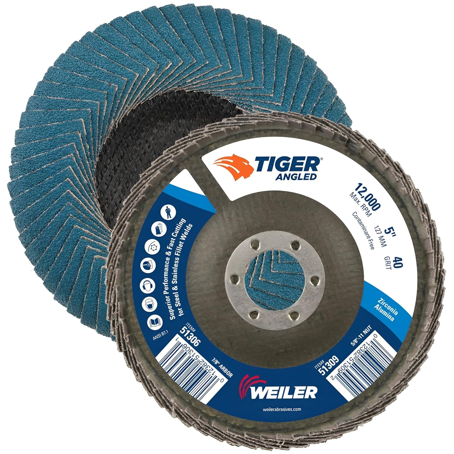 Weiler 51309 5" Tiger Angled Flap Disc, Cloth Backing, Zirconia Alumina 40Z Grit, 5" Diameter (Pack of 10)