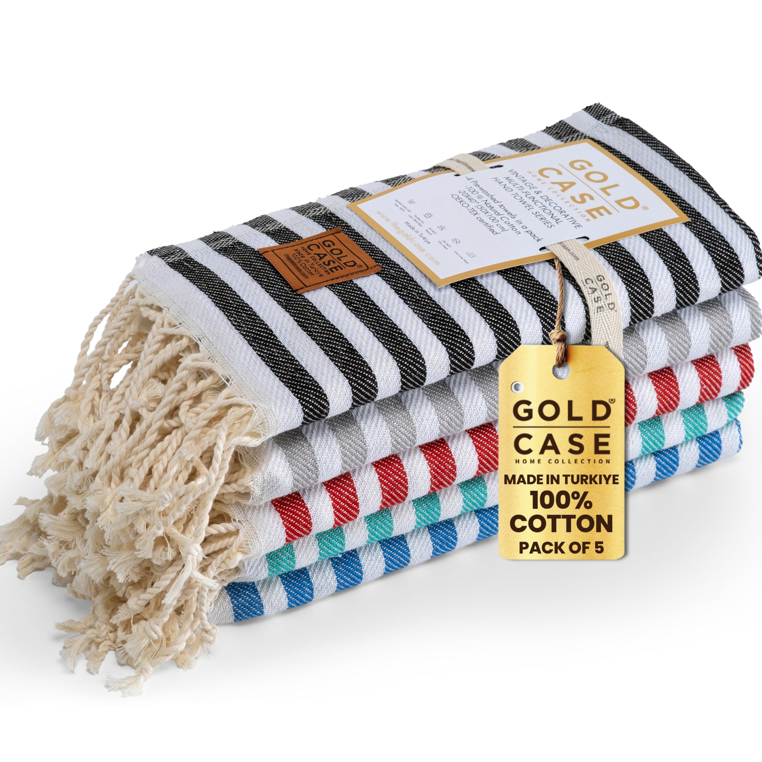 Gold CASE Turkish Hand Towels Set of 5 – 100% Cotton Hand Towels for Bathroom 20 x 40'' – Soft & Quick Dry Cotton Towel for Hands, Hair, SPA & Gym –