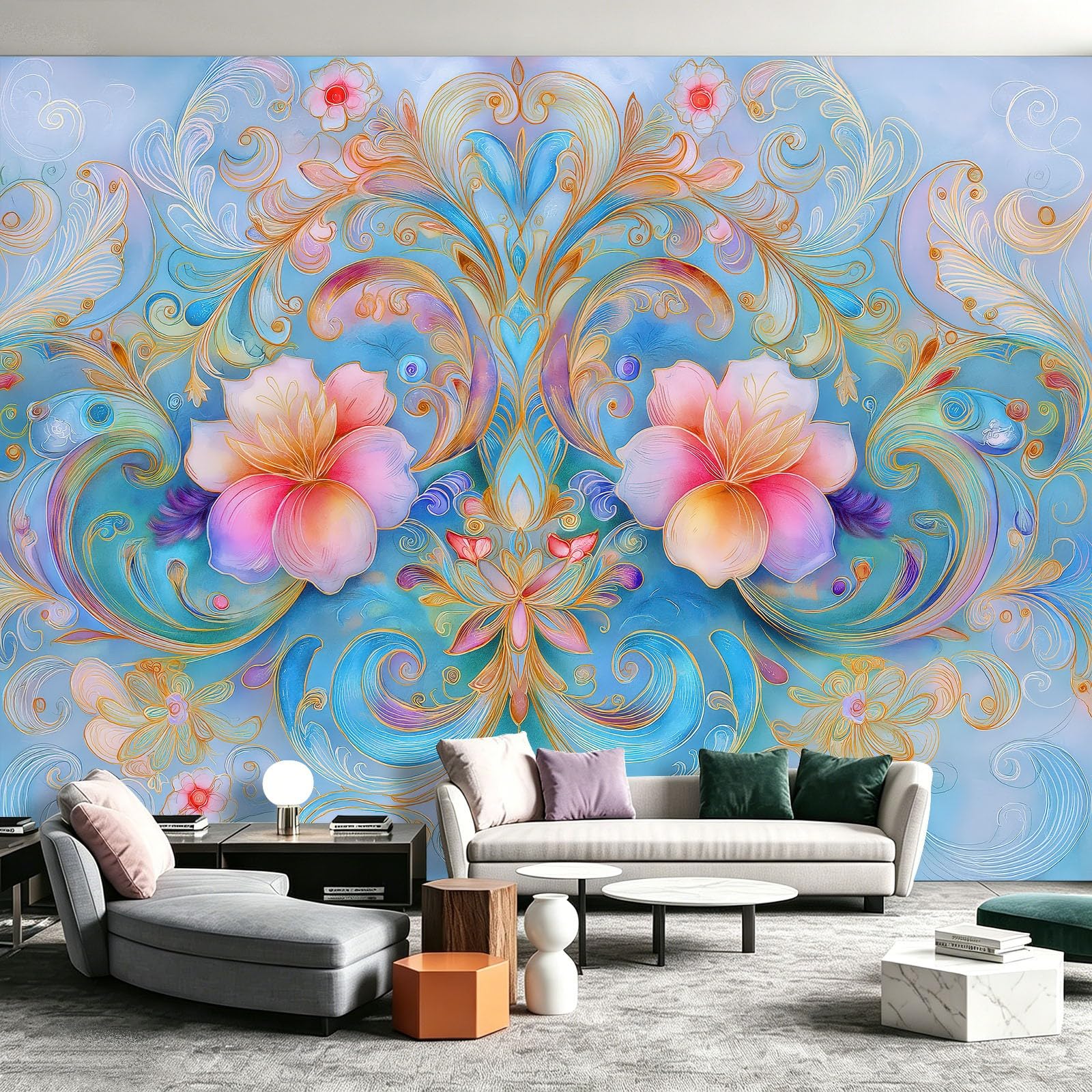 WTD - Papel pintado fotográfico (300 x 210 cm), diseño de flores, color azul claro
