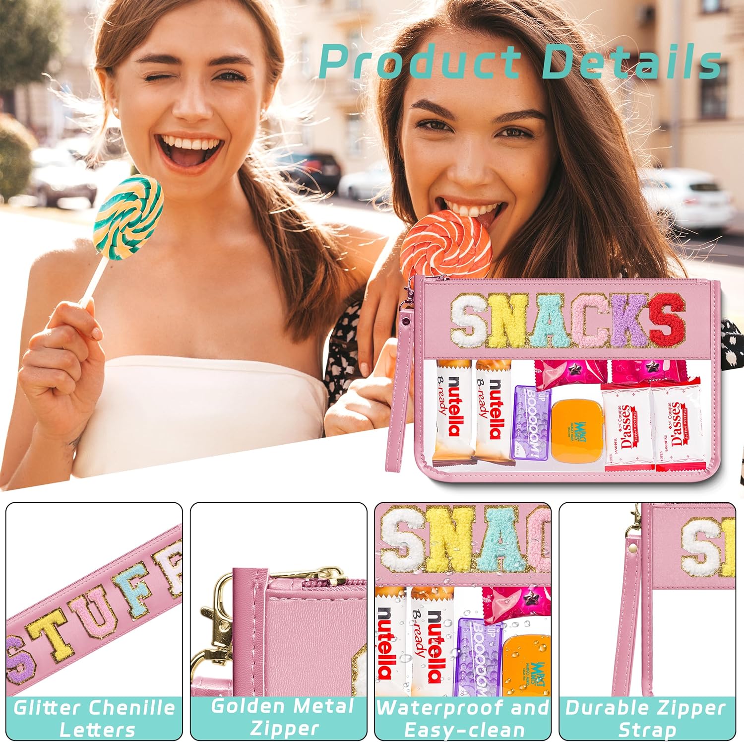 Large Chenille Letter Clear Zipper Pouch for Travel, Nylon Makeup Letter Bag, PVC Waterproof Cosmetic Bag, Snack Bags for Women Girls, Clear Stuff Bags For Travel(Pink-Snacks)