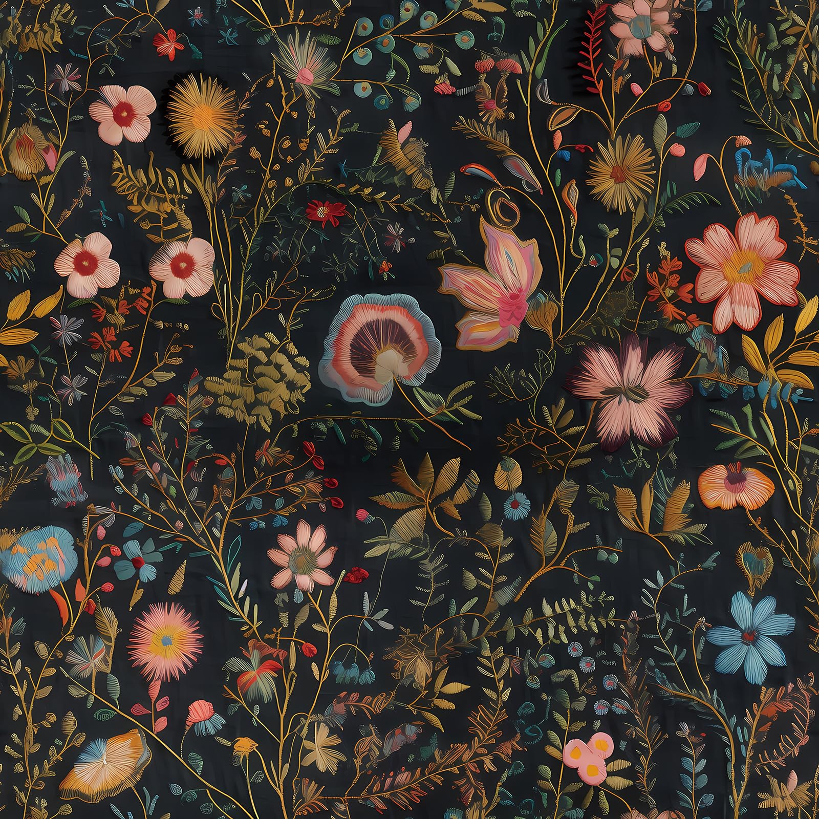 FunStick Self Adhesive Wallpaper Floral Black Vinyl Wrap for Furniture Cupboards Dark Embroidery Style Vintage Floral Sticky Back Plastic Waterproof Living Room Bedroom Wallpaper Flowers 44.5CM×3M