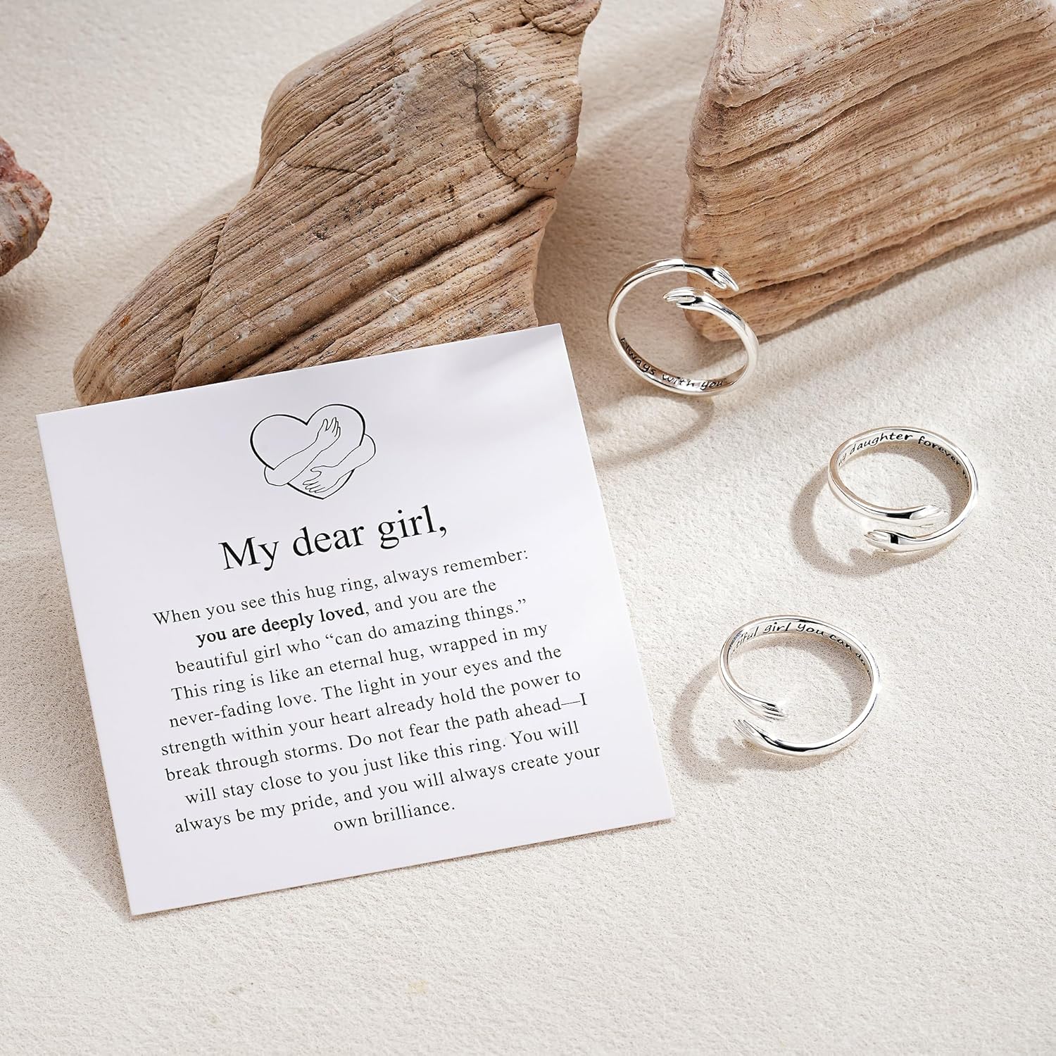 M MOOHAM S925 Sterling Silver Hug Ring With Card, Inspirational Hope Ring for Tween Teenage Teen Girls Kids Gifts Adjustable Rings Jewelry Birthday Gifts for Daughters Granddaughters Friend Wife