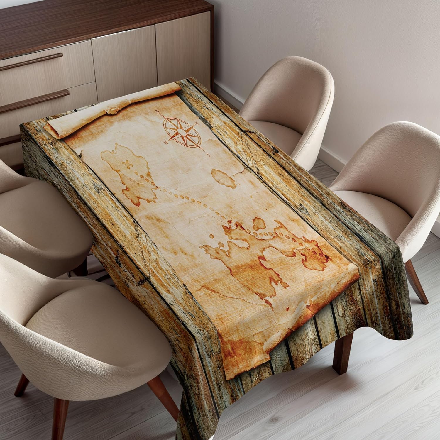 Ambesonne Island Map Tablecloth, Treasure Map on Rustic Timber X Marks The Grunge Spot Nautical Pirates Concept, Dining Room Kitchen Rectangular Table Cover, 52" X 70", Cream Brown