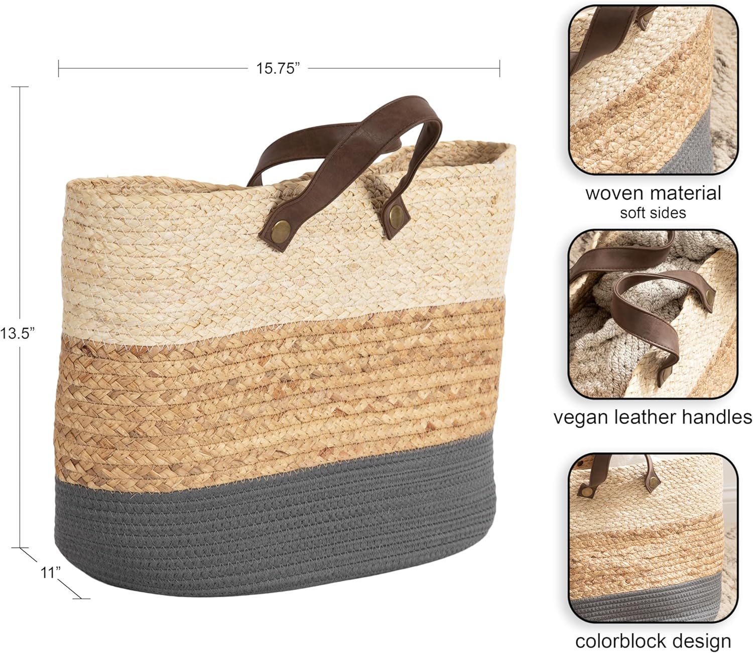 Kate and Laurel Transitional Woven Storage Basket with Handles, 16 x 11 x 14, Natural and Gray, Braided Rounded Basket for Use as Living Room Blanket Basket or Small Laundry Basket