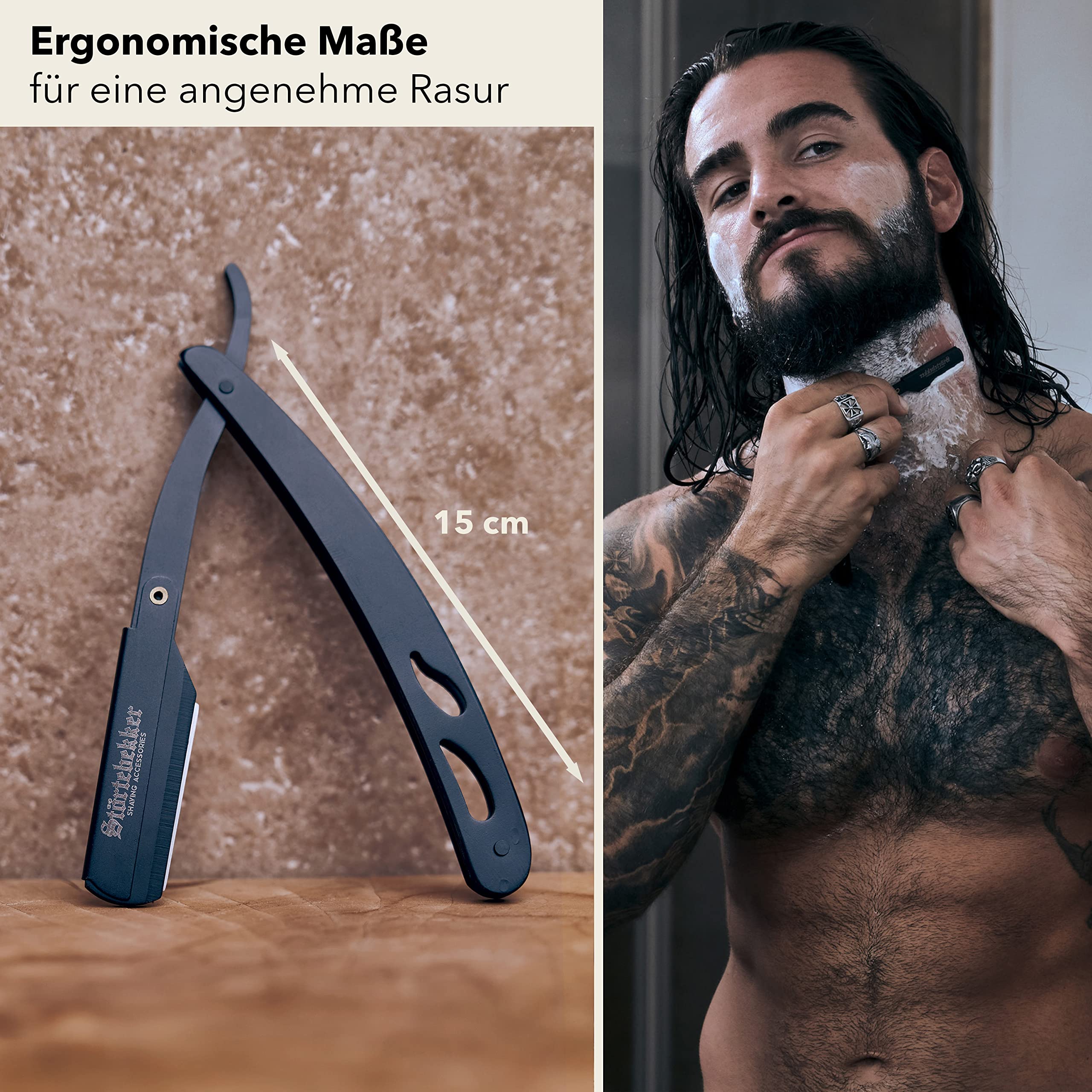 Störtebekker® Premium Rasiermesser im handgefertigten Lederetui + Alaunstift - Straight Razor mit Rasurguide [10 Störtebekker Klingen] - Geschenkidee - Rasiermesser Set - Nassrasierer in Top-Qualität