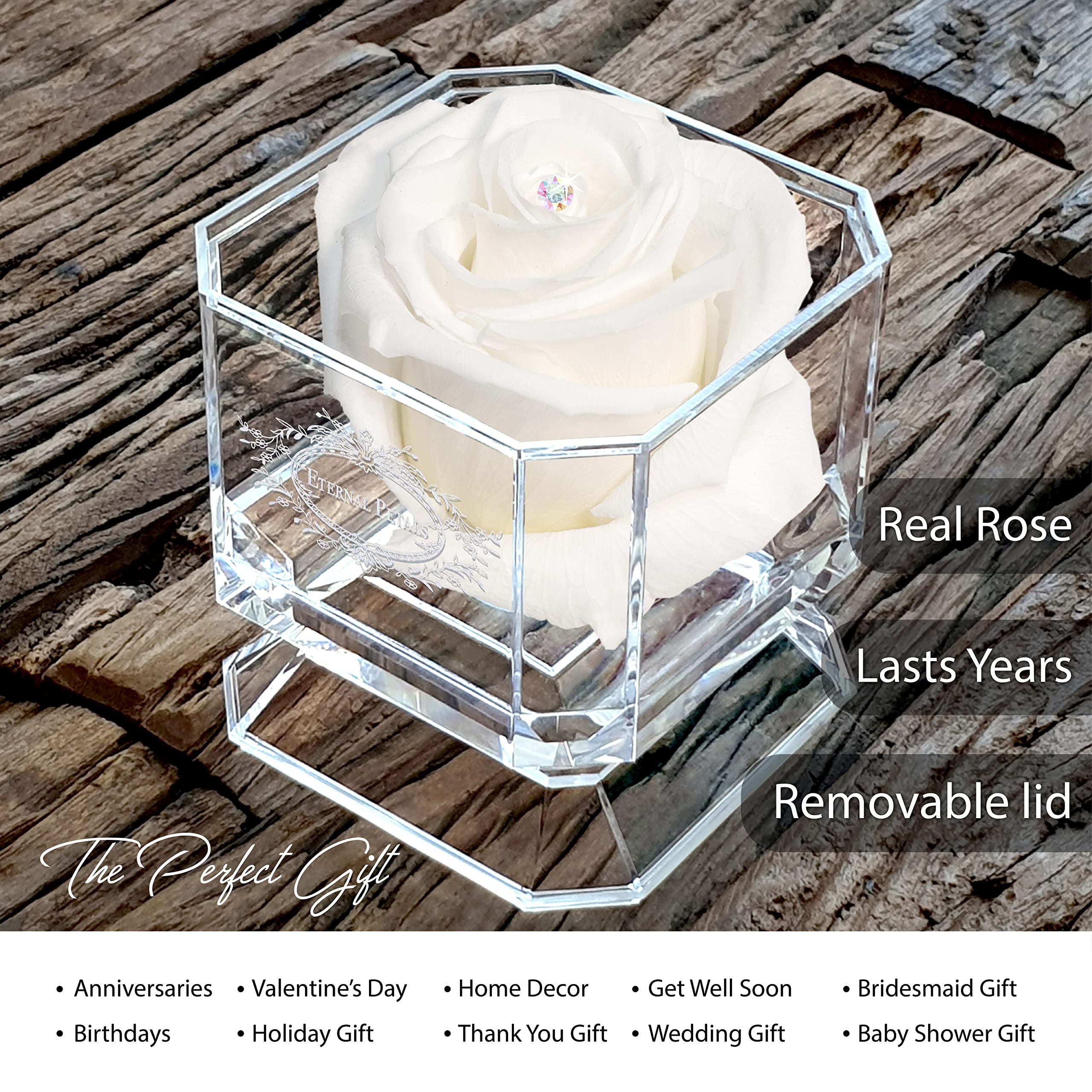 A 100% Real Rose That Lasts Years - Eternal Petals, Handmade in UK – White Gold Solo with A Multicolor Crystal (White) — view 2