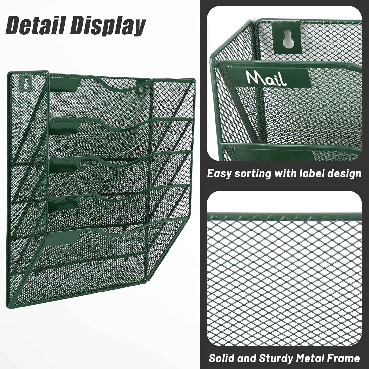 EASEPRES 5 Pocket Mesh Hanging File Organizer, Wall Mounted Mail Paper Document Folder Holder, Clipboard Storage Organization Magazine Rack with Nametag Label for Office Home School, Dark Green