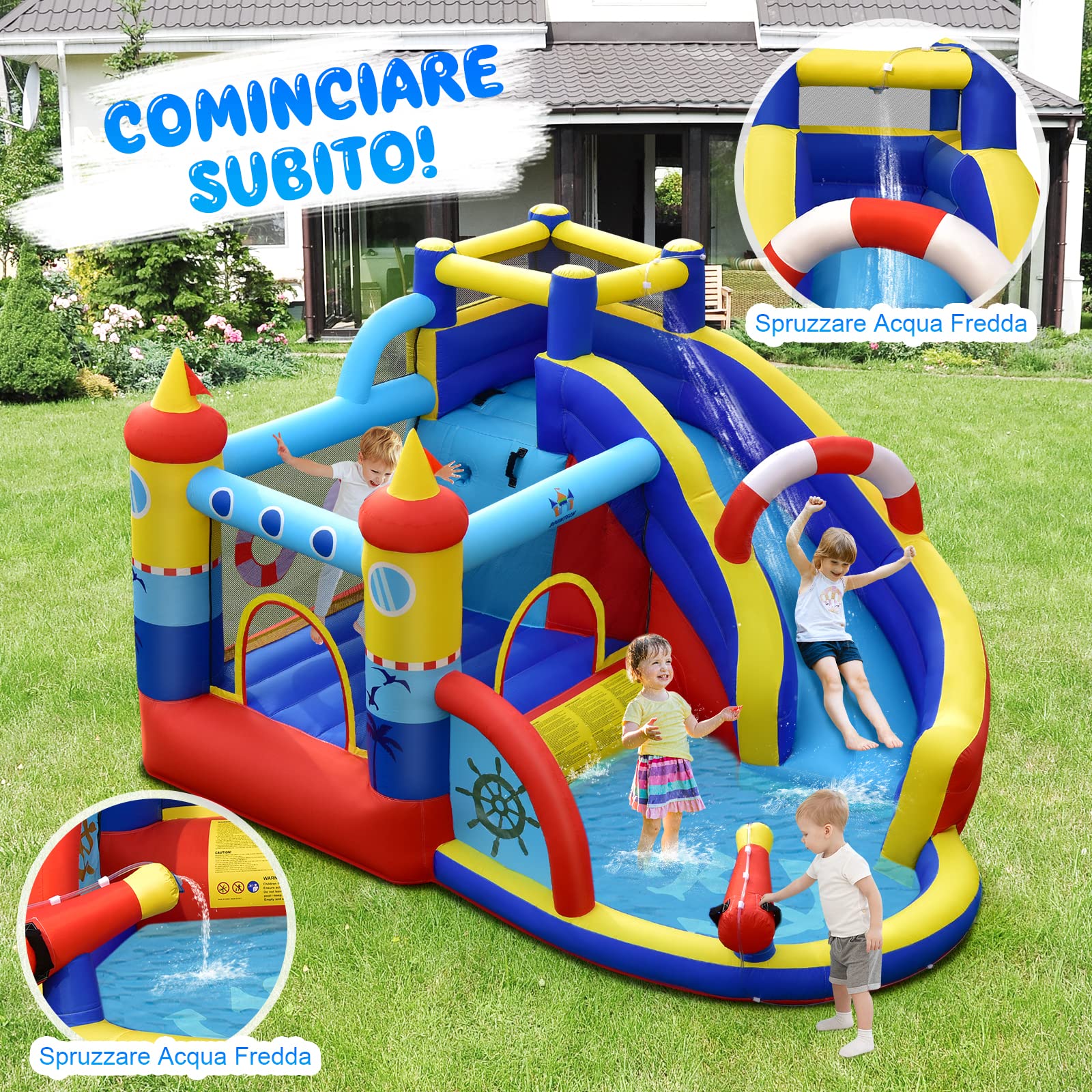 COSTWAY Castello Gonfiabile per bambini, Casa Gonfiabile con Scivolo, Area per Saltare, Piscina, con Borsa di Trasporto e Kit di Riparazione, per 4 Bambini di 3-12 Anni (Senza soffiatore)